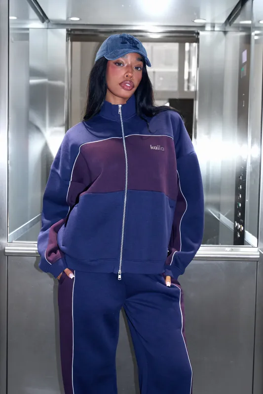 Kaiia Contrast Oversized Zip Through Sweatshirt Navy & Burgundy made by Kaiia the label