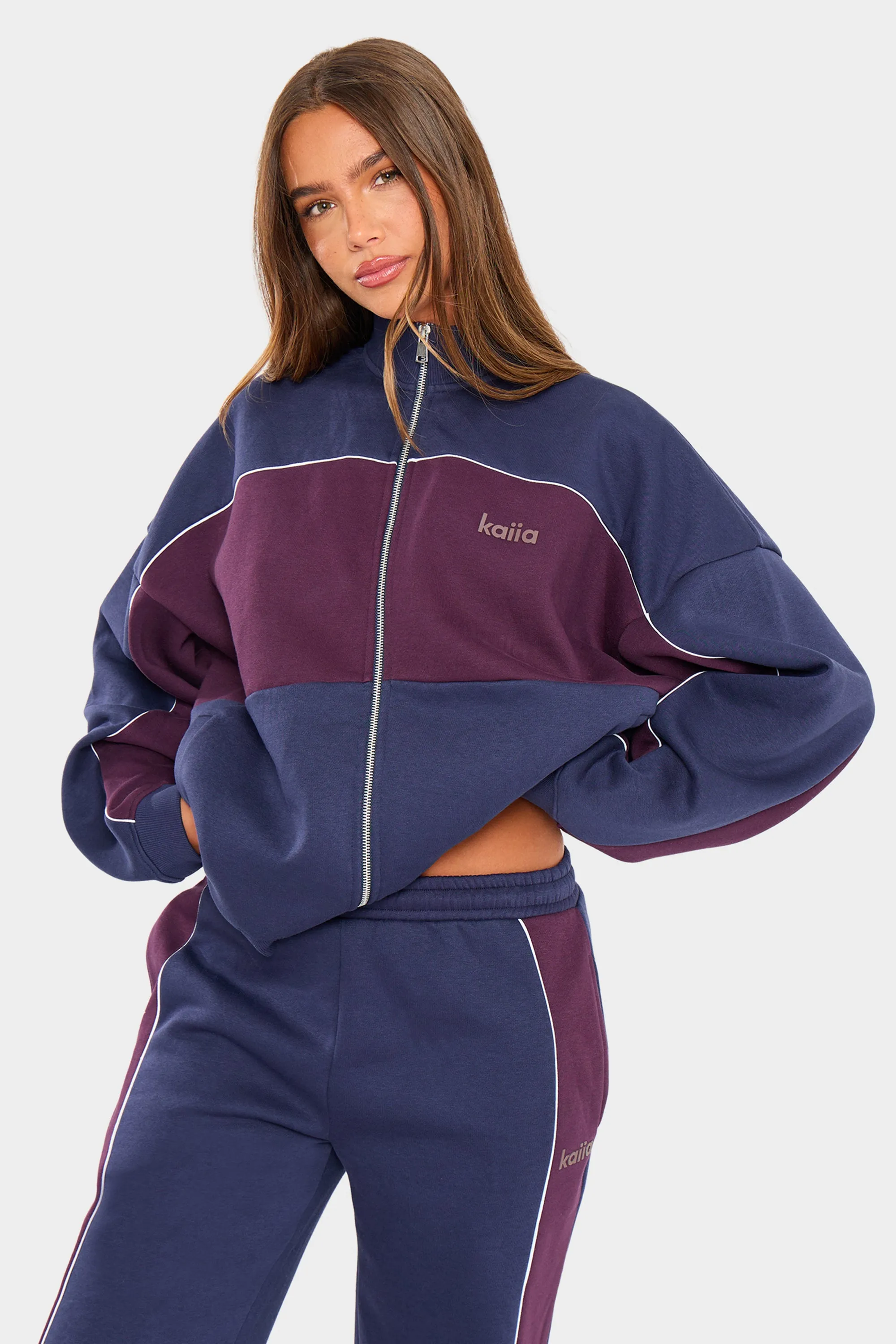 Kaiia Contrast Oversized Zip Through Sweatshirt Navy & Burgundy sold by Kaiia the label product image thumbnail 4