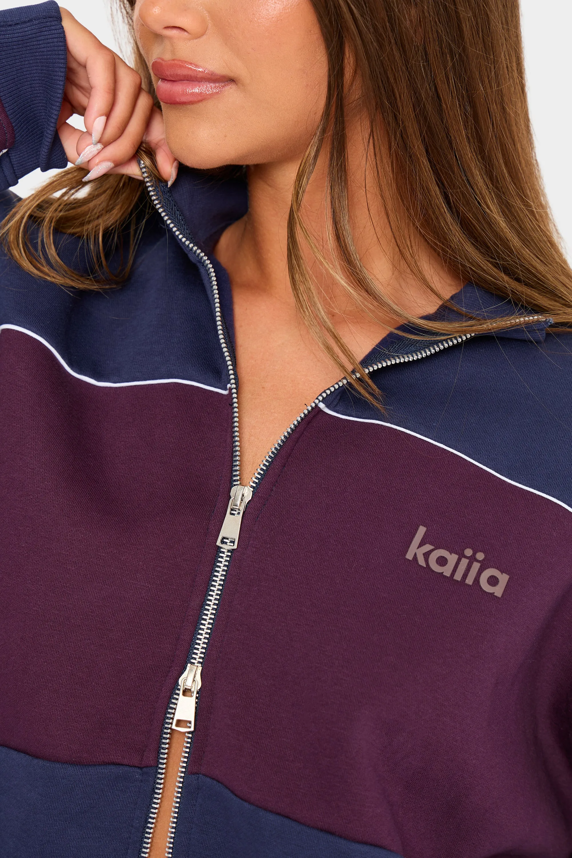 Kaiia Contrast Oversized Zip Through Sweatshirt Navy & Burgundy sold by Kaiia the label product image thumbnail 5