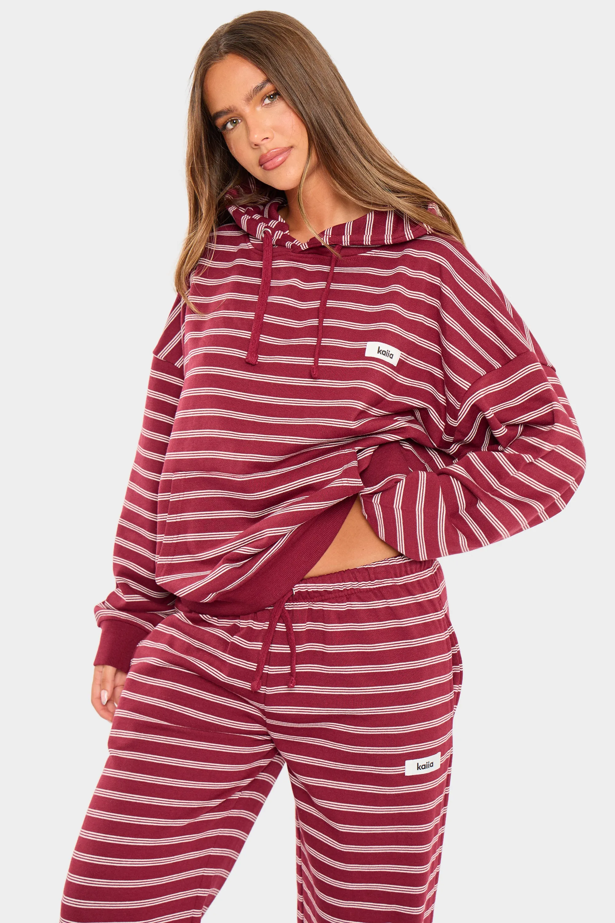 Kaiia Striped Oversized Hoodie Burgundy & Cream sold by Kaiia the label product image thumbnail 5