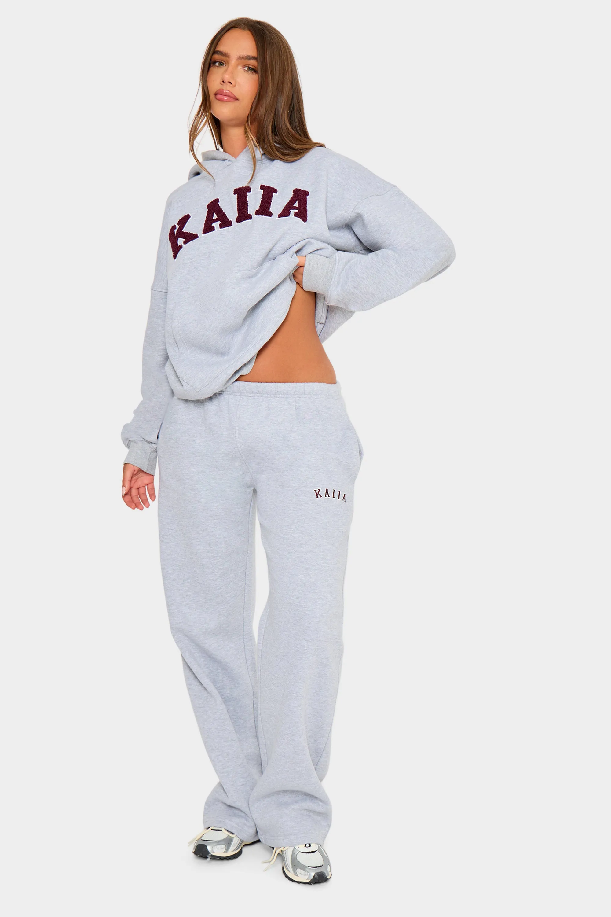 Kaiia Slogan Wide Leg Joggers Mid Grey & Burgundy sold by Kaiia the label product image thumbnail 5