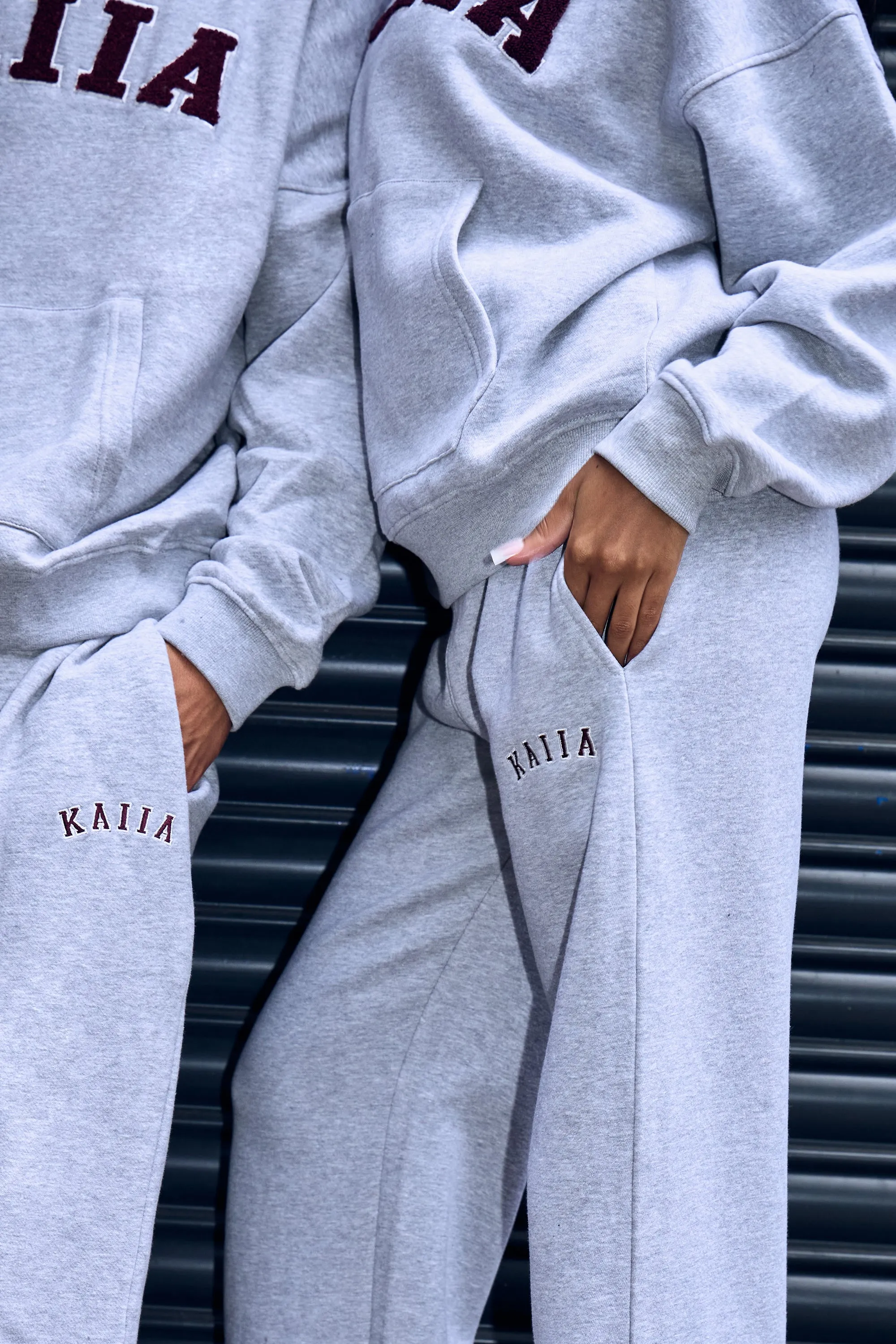 Kaiia Slogan Wide Leg Joggers Mid Grey & Burgundy sold by Kaiia the label product image thumbnail 2