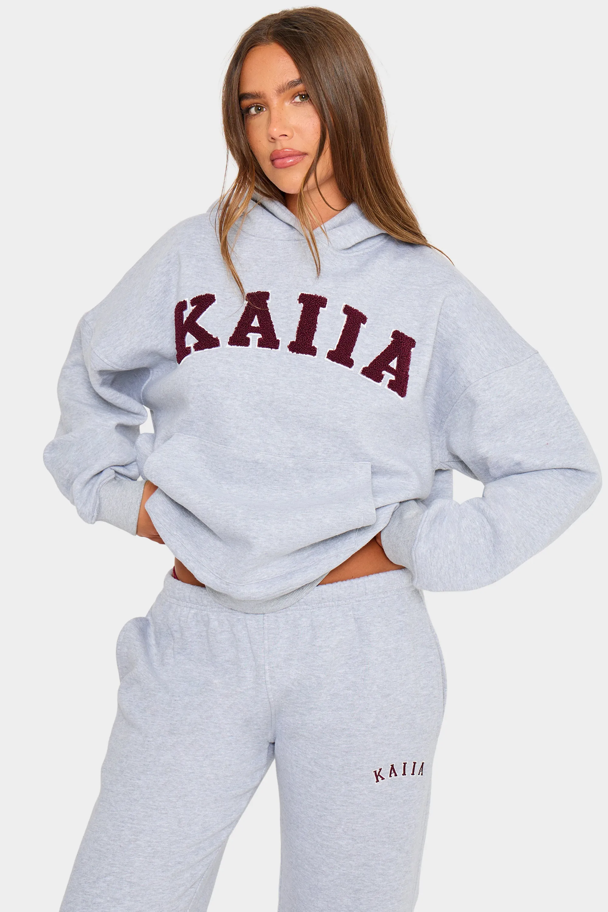 Kaiia Borg Slogan Oversized Hoodie Mid Grey & Burgundy sold by Kaiia the label product image thumbnail 5