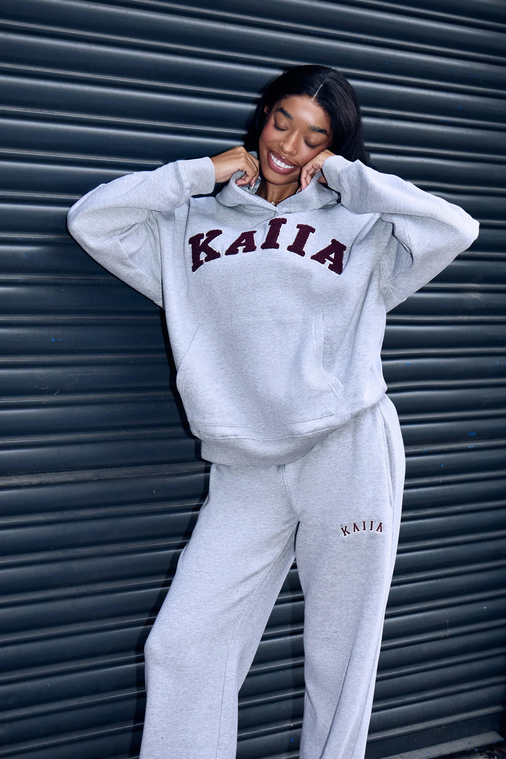 Kaiia Borg Slogan Oversized Hoodie Mid Grey & Burgundy sold by Kaiia the label product image thumbnail 3