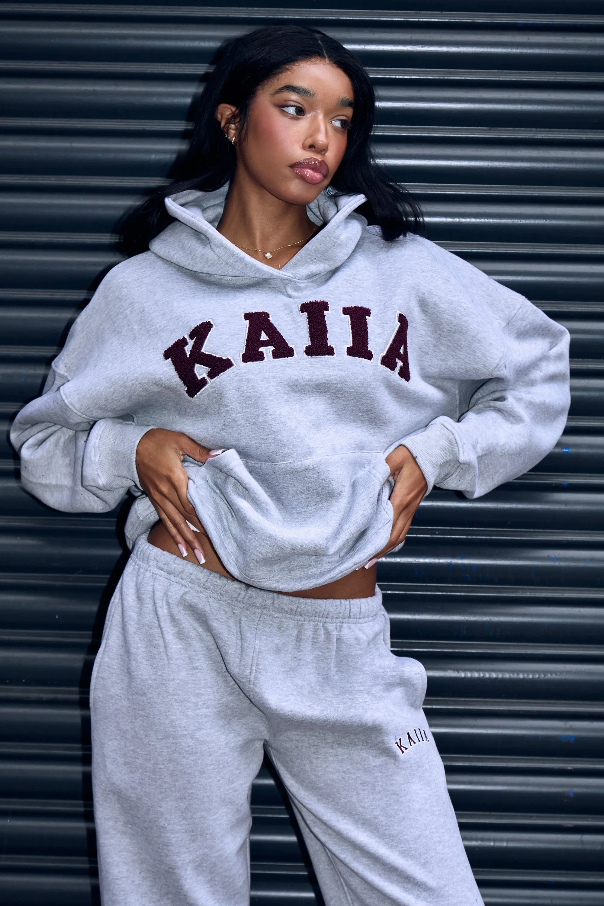 Kaiia Borg Slogan Oversized Hoodie Mid Grey & Burgundy sold by Kaiia the label