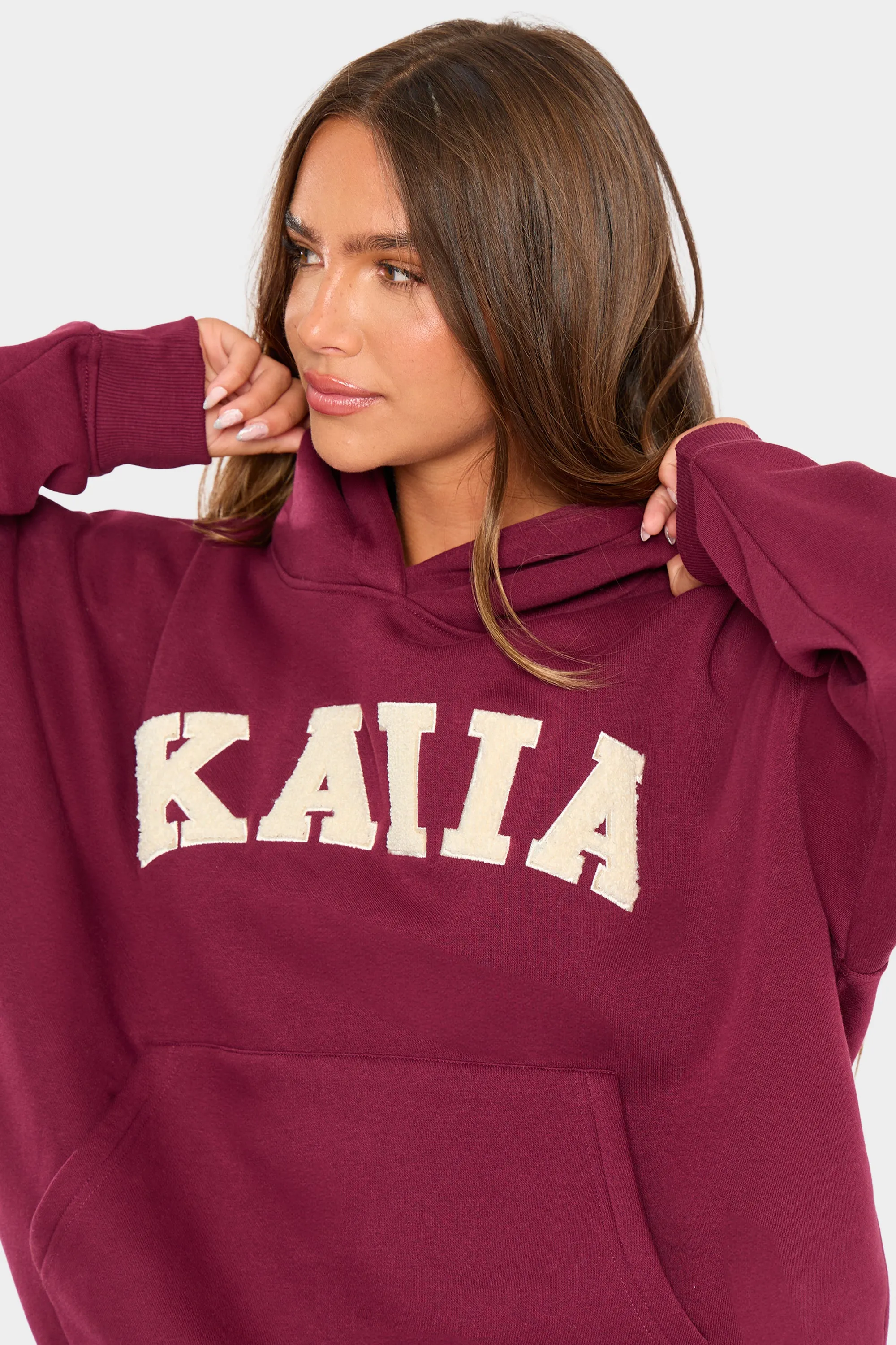 Kaiia Borg Slogan Oversized Hoodie Burgundy & Cream sold by Kaiia the label product image thumbnail 2