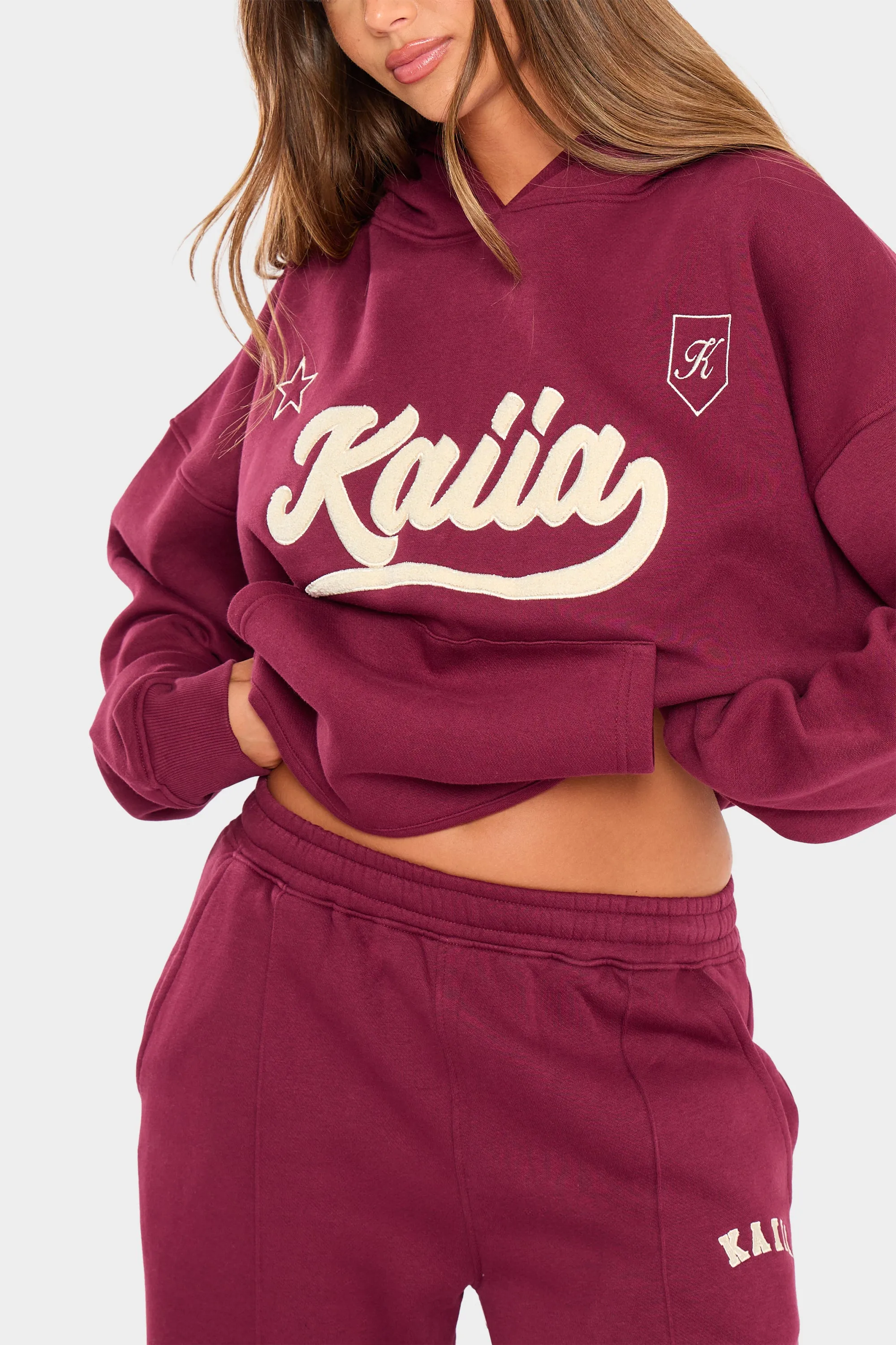 Kaiia Borg Varsity Oversized Hoodie Burgundy & Cream sold by Kaiia the label product image thumbnail 2