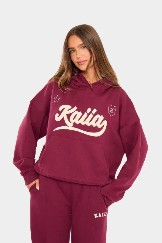 Kaiia Borg Varsity Oversized Hoodie Burgundy & Cream made by Kaiia the label