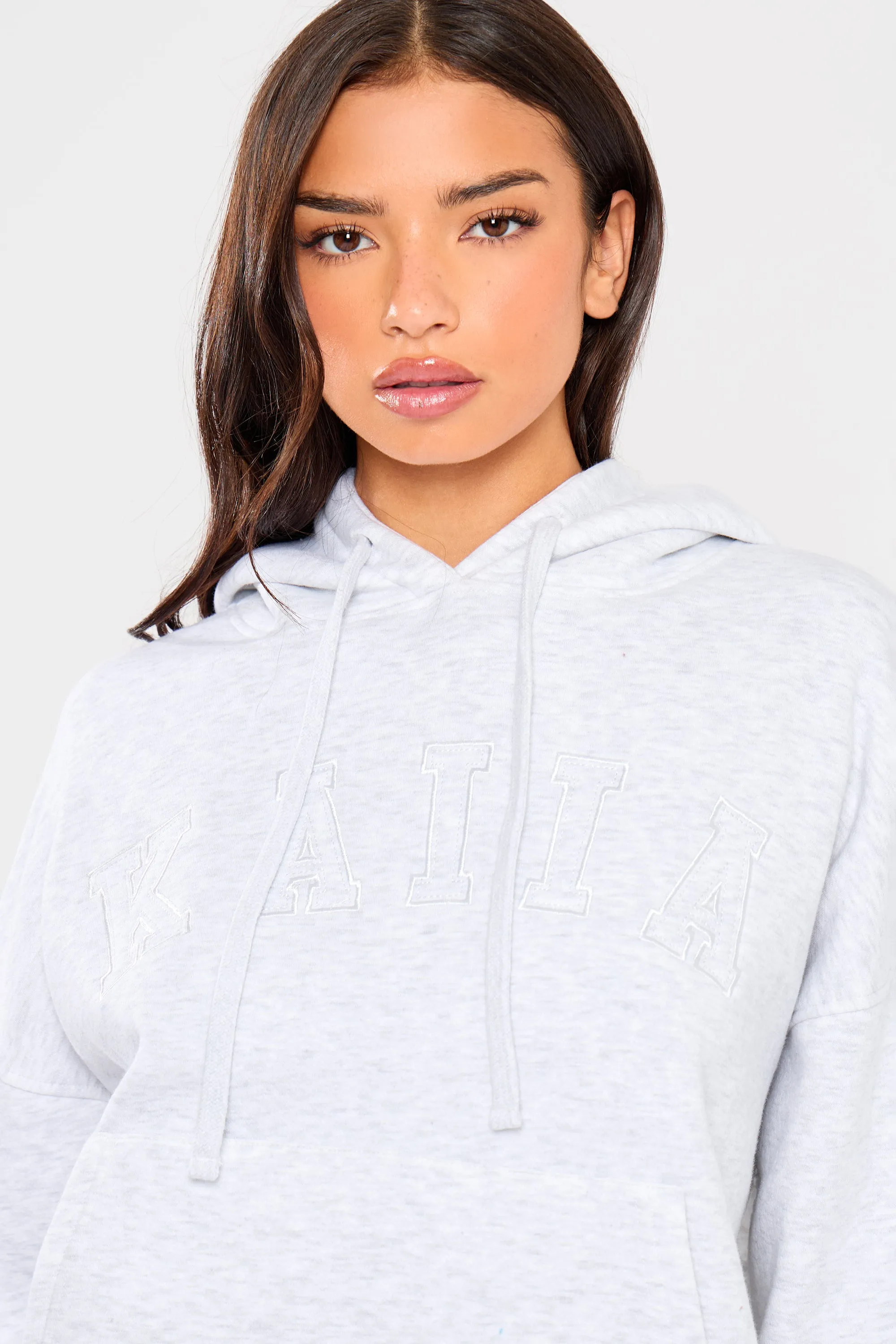 Kaiia Slogan Drawstring Oversized Hoodie Light Grey Marl sold by Kaiia the label product image thumbnail 3