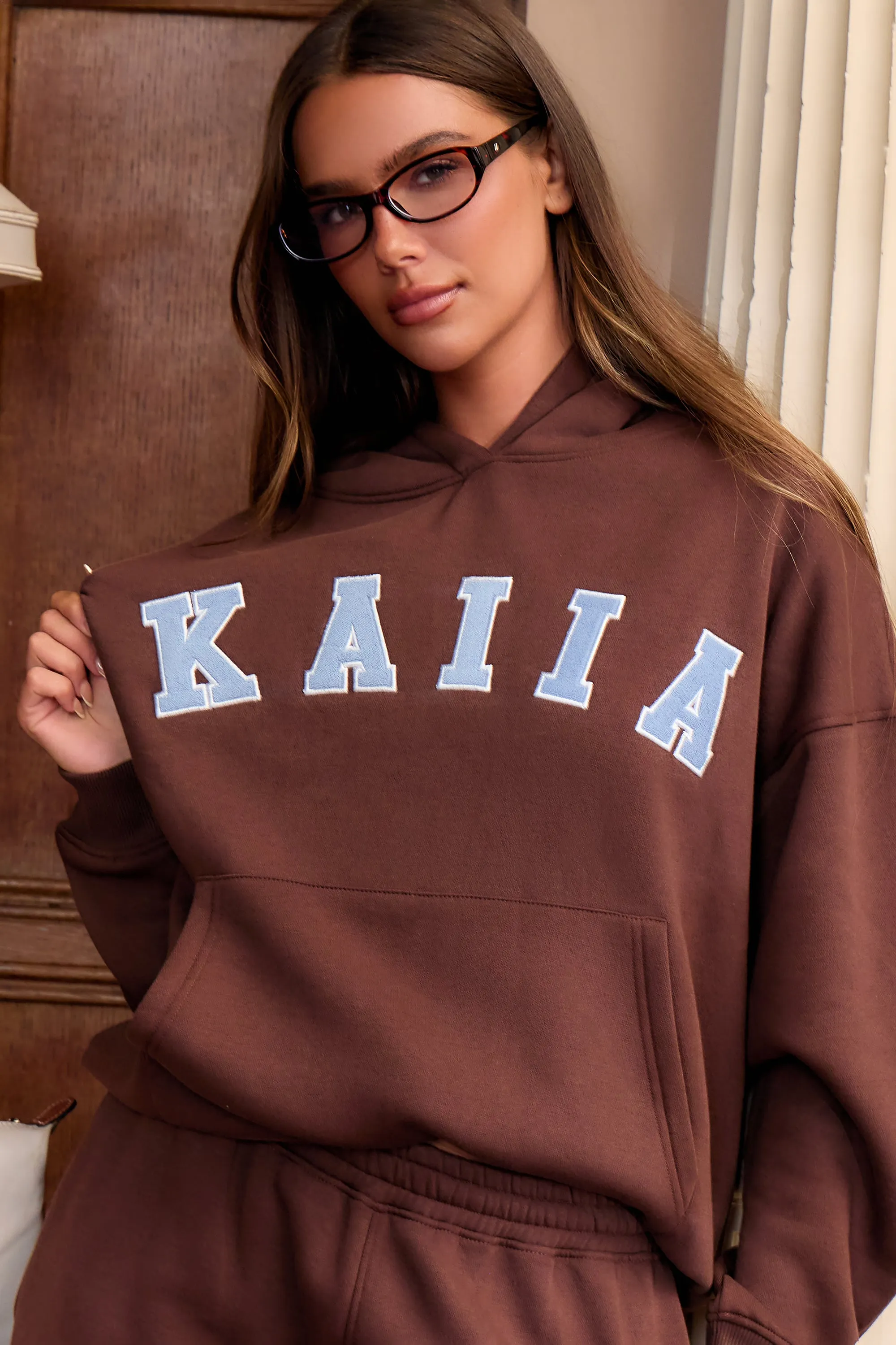 Kaiia Slogan Oversized Hoodie Brown & Light Blue sold by Kaiia the label product image thumbnail 2