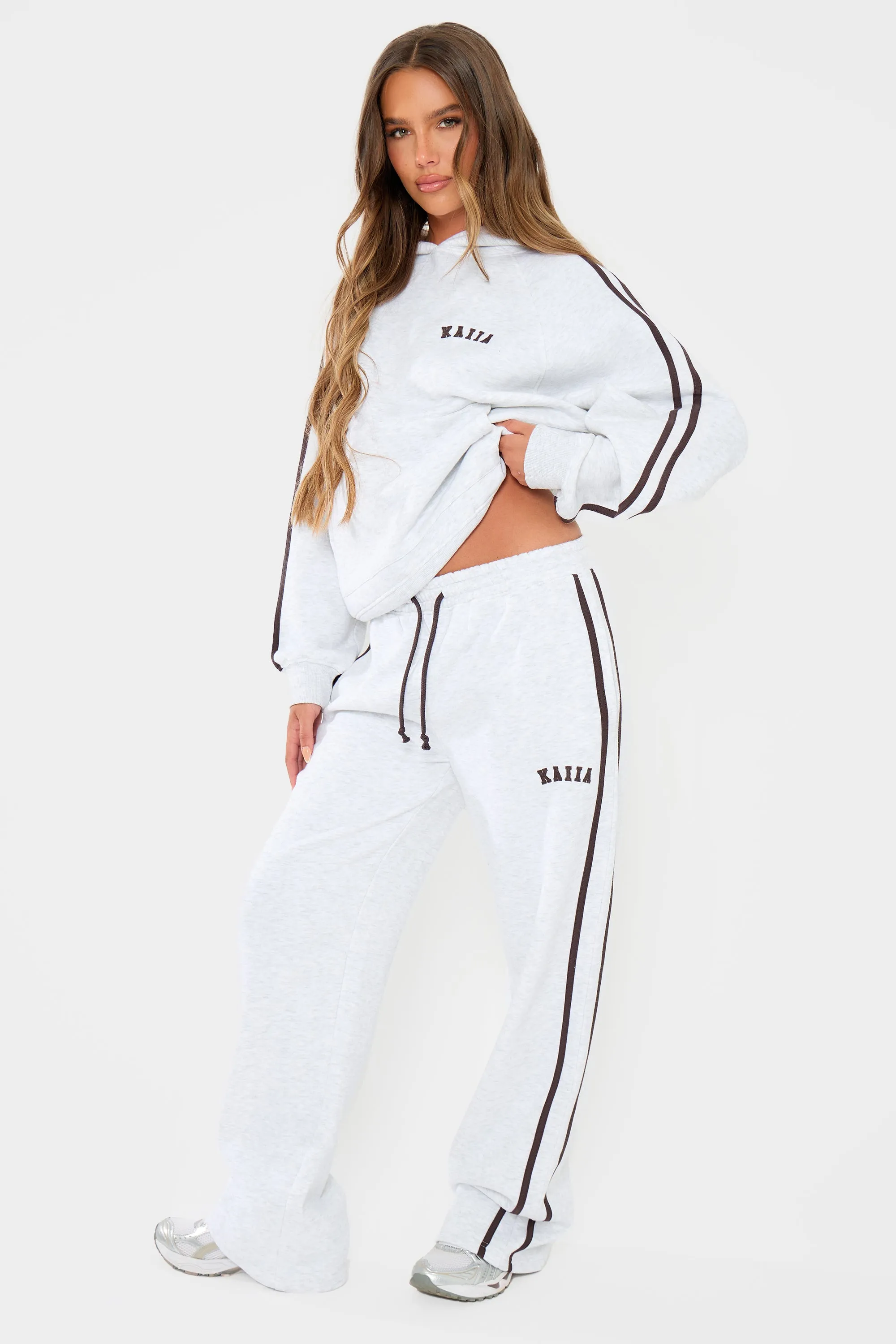 Kaiia Logo Side Stripe Wide Leg Joggers Light Grey Marl & Brown sold by Kaiia the label product image thumbnail 5
