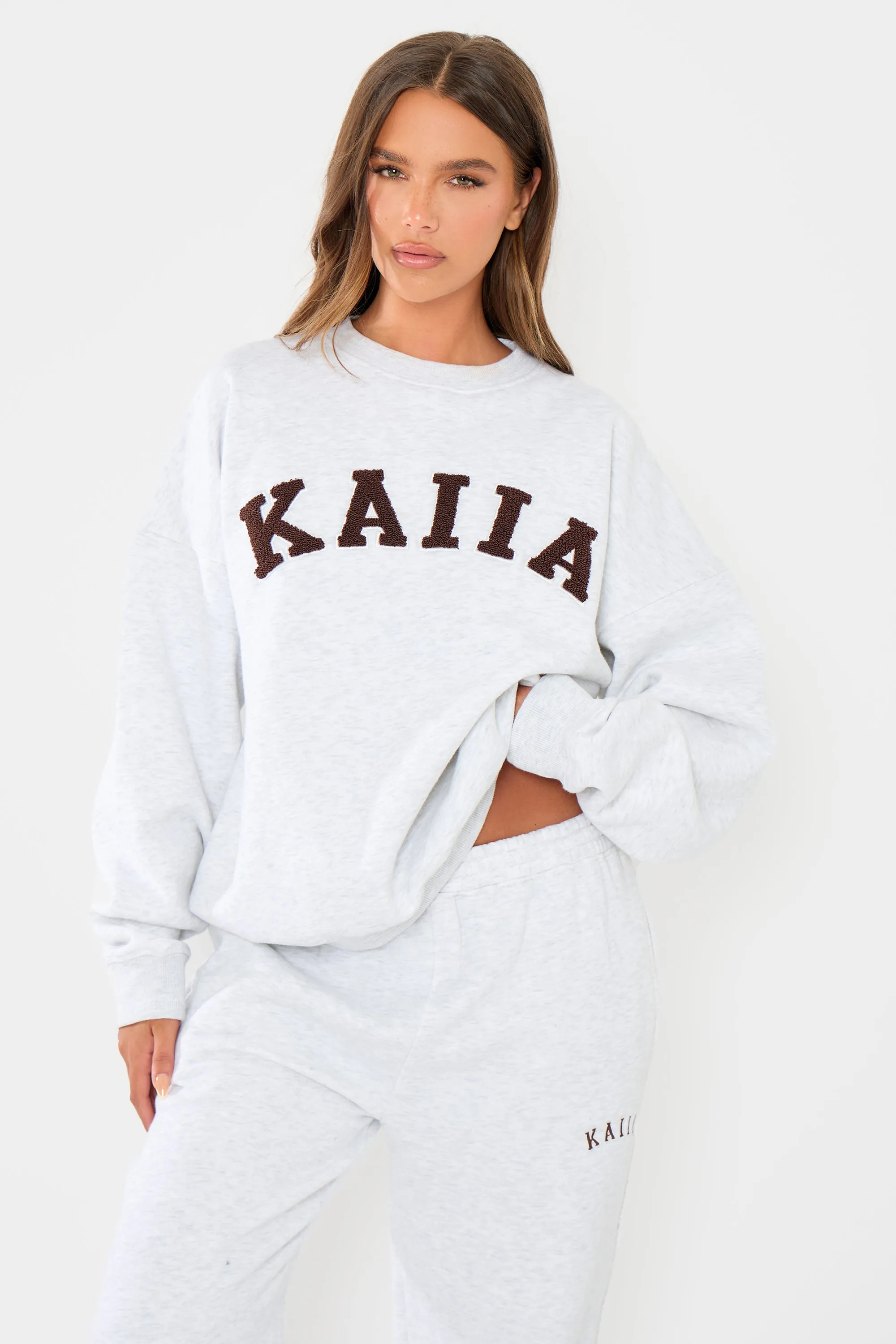 Kaiia Slogan Oversized Sweatshirt Light Grey Marl & Brown sold by Kaiia the label product image thumbnail 5