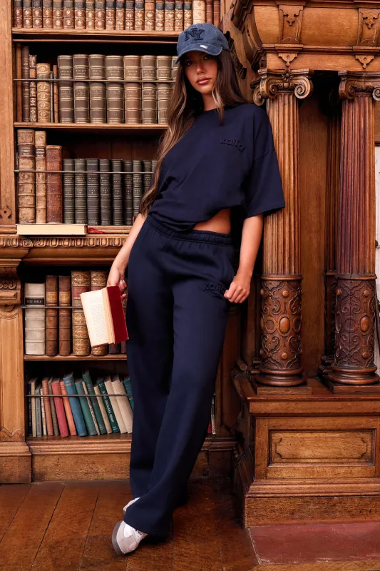 Kaiia Embossed Logo Straight Wide Leg Joggers Navy made by Kaiia the label