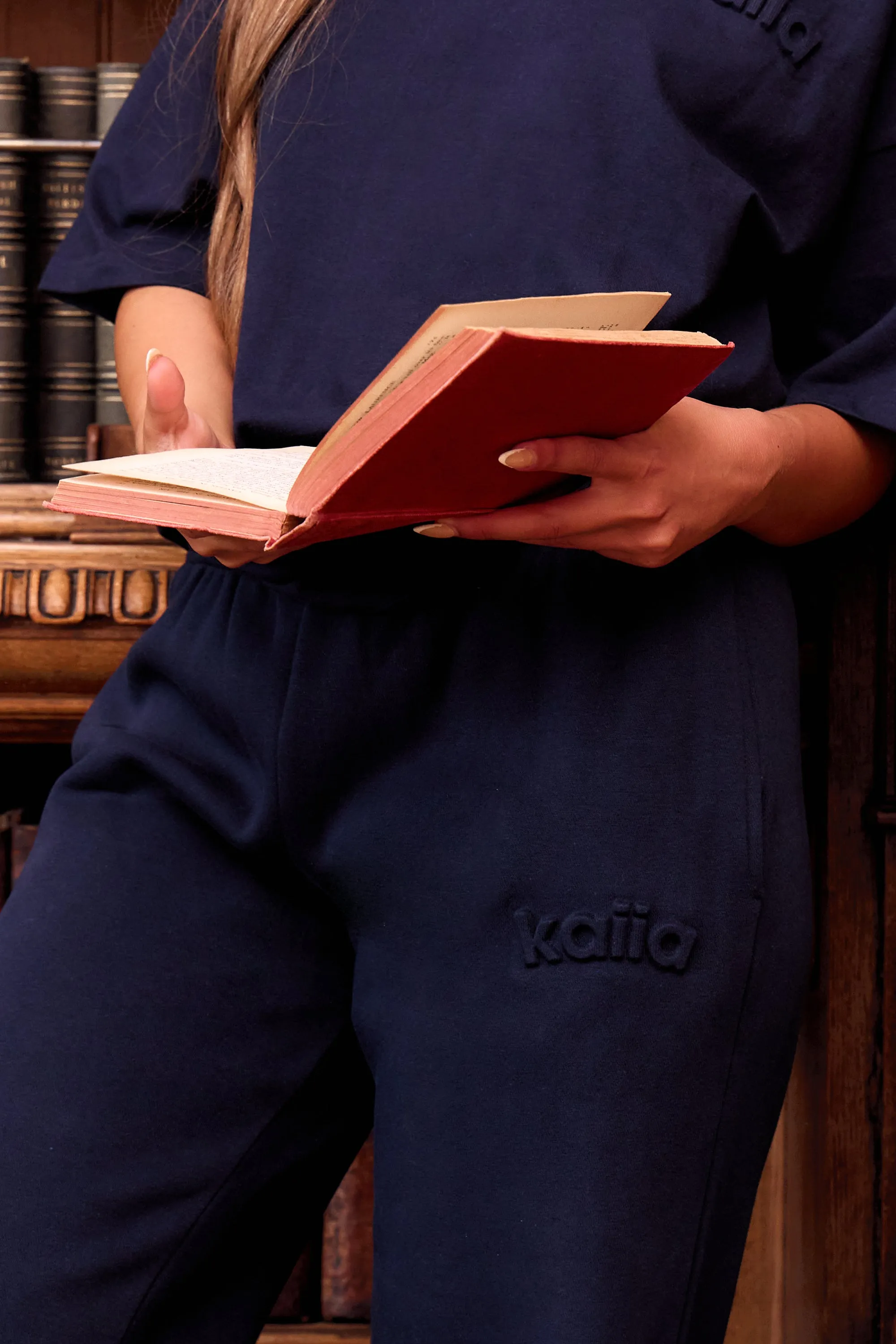 Kaiia Embossed Logo Straight Wide Leg Joggers Navy sold by Kaiia the label product image thumbnail 2