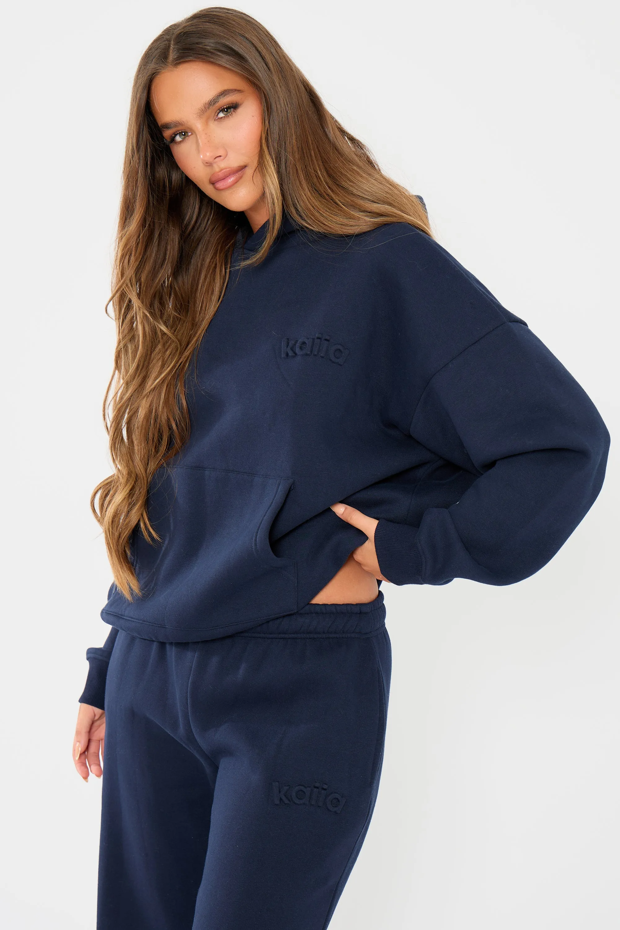 Kaiia Embossed Logo Oversized Hoodie Navy sold by Kaiia the label product image thumbnail 4