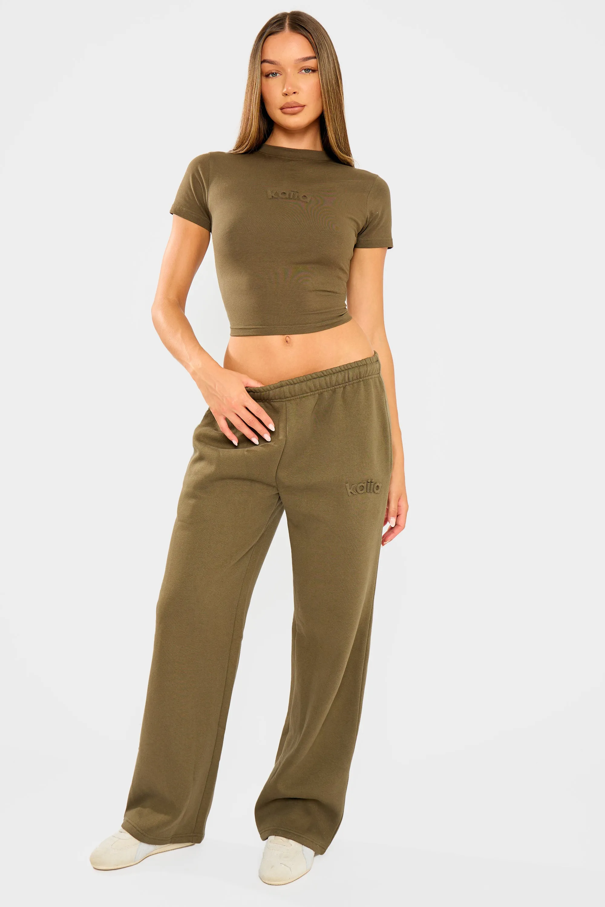 Kaiia Embossed Wide Leg Joggers Olive sold by Kaiia the label product image thumbnail 5