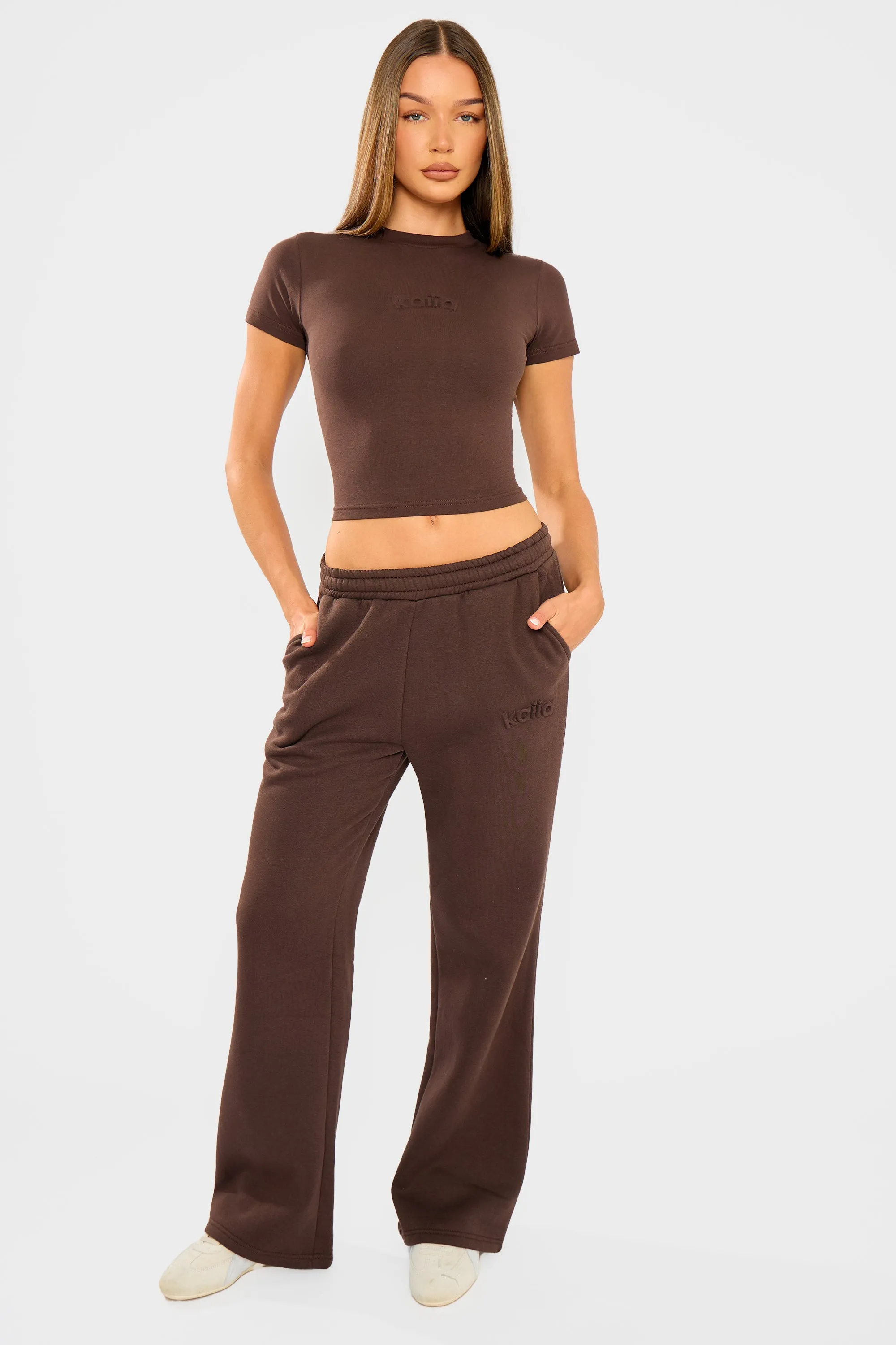 Kaiia Embossed Wide Leg Joggers Bitter Chocolate sold by Kaiia the label product image thumbnail 5