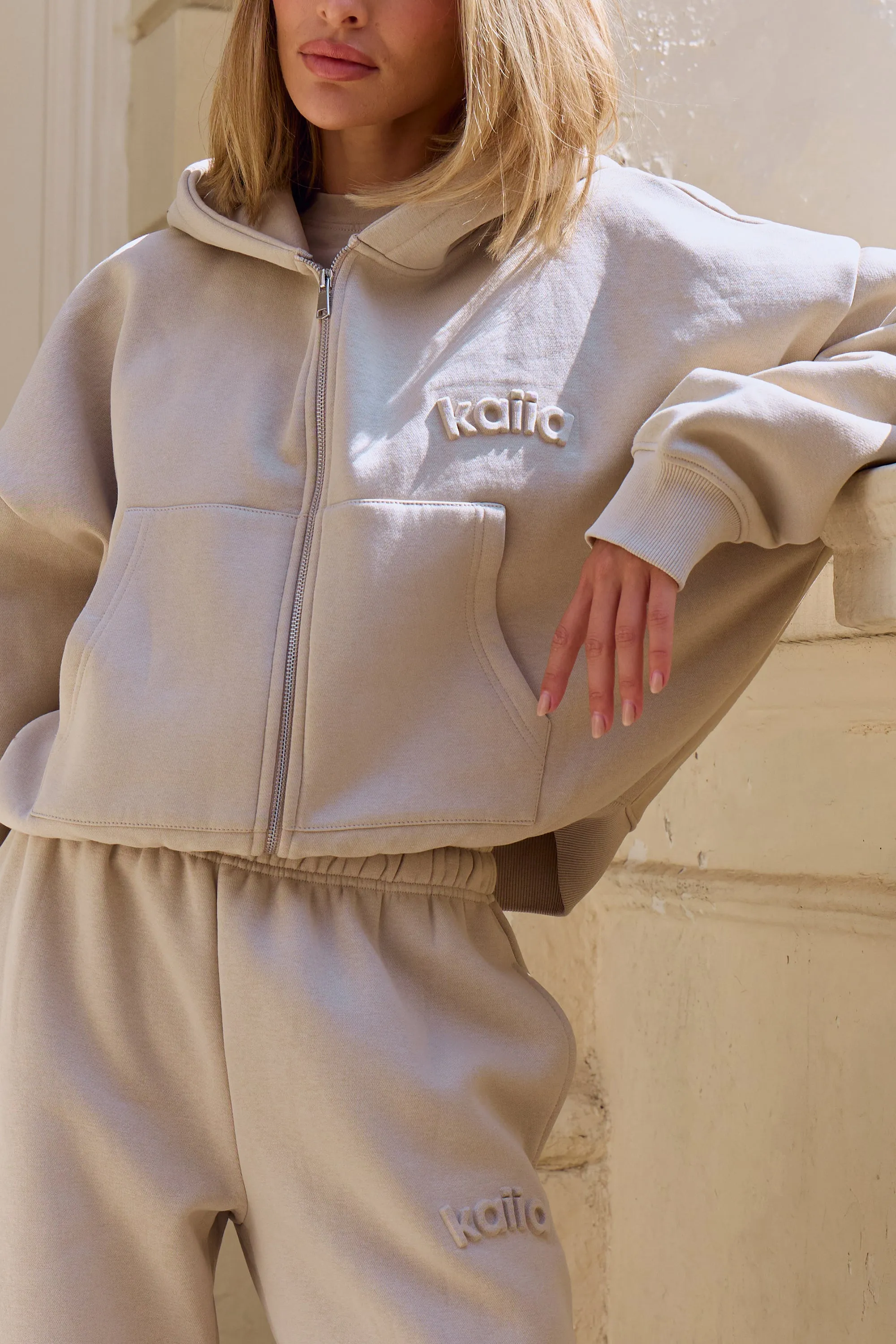 Kaiia Embossed Oversized Zip Through Hoodie Ash Taupe sold by Kaiia the label product image thumbnail 4