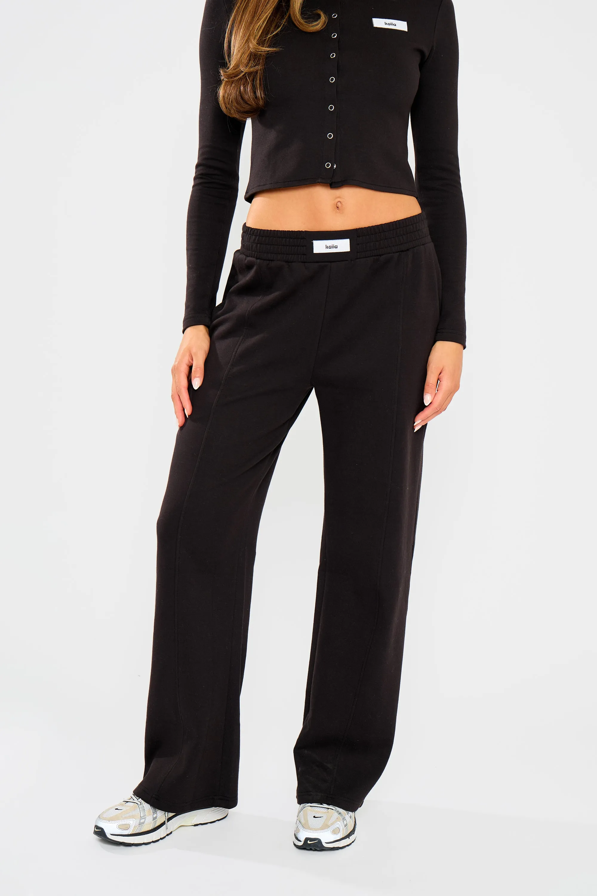 Kaiia Label Logo Premium Interlock Seam Detail Wide Leg Joggers Black sold by Kaiia the label product image thumbnail 3