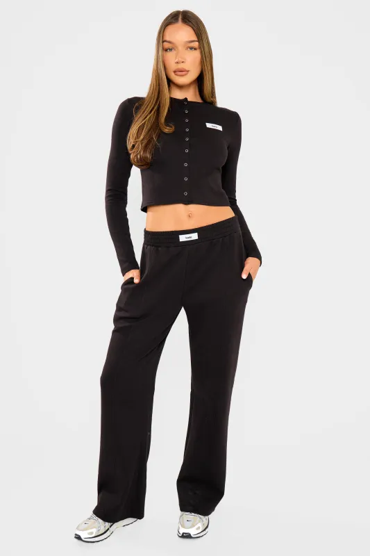 Kaiia Label Logo Premium Interlock Seam Detail Wide Leg Joggers Black made by Kaiia the label