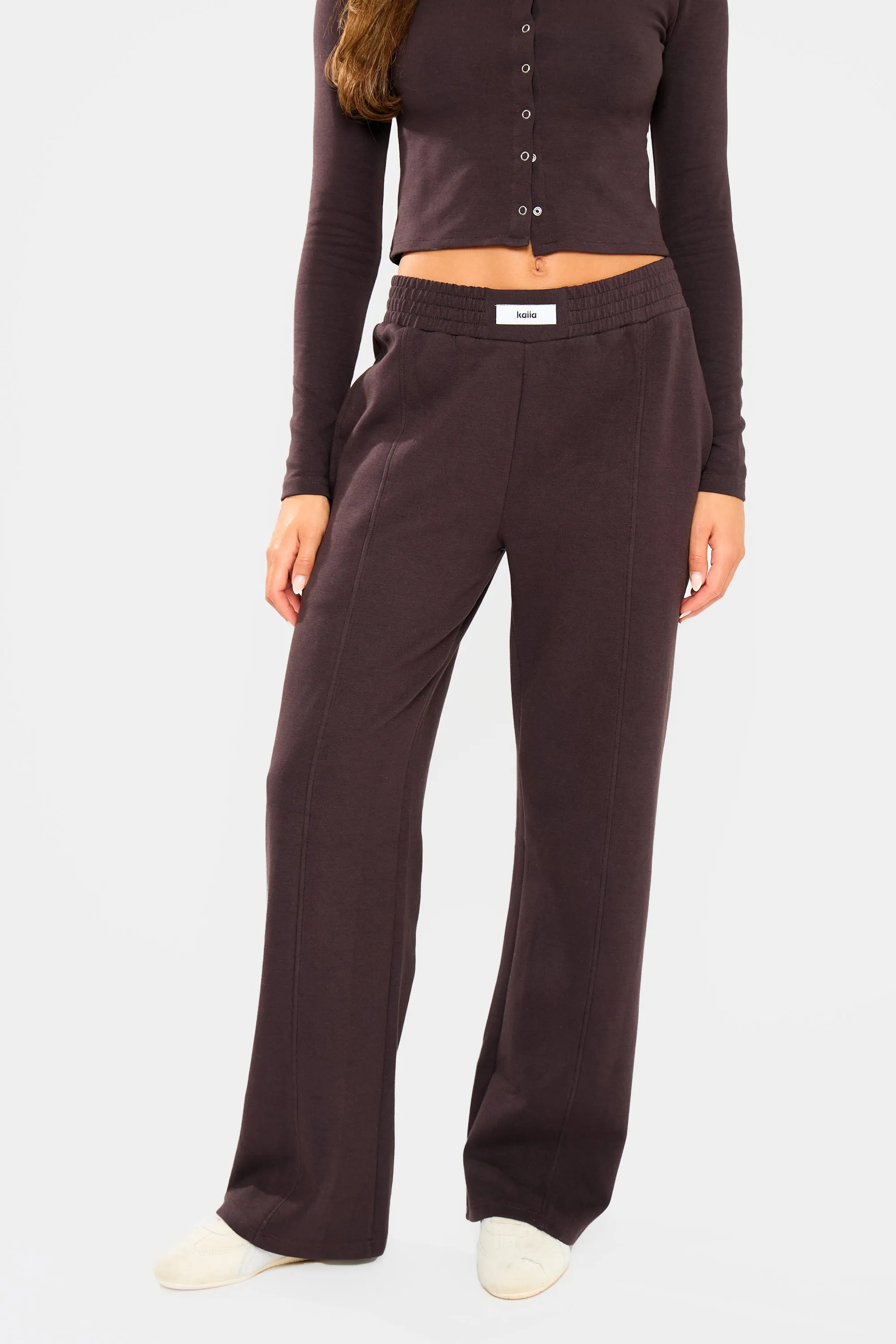 Kaiia Label Logo Premium Interlock Seam Detail Wide Leg Joggers Dark Brown sold by Kaiia the label product image thumbnail 2
