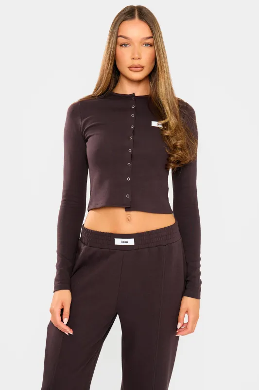 Kaiia Label Logo Premium Interlock Button Down Long Sleeve Top Dark Brown made by Kaiia the label