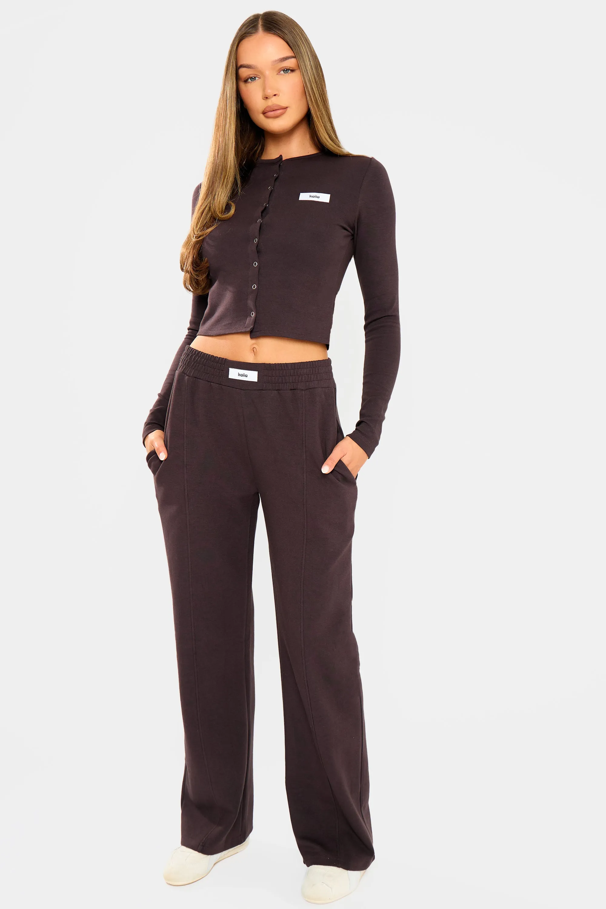 Kaiia Label Logo Premium Interlock Button Down Long Sleeve Top Dark Brown sold by Kaiia the label product image thumbnail 3