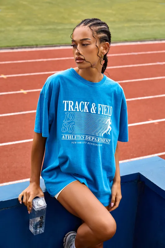Kaiia Track & Field Print Overdyed Oversized T-shirt Cobalt Blue sold by Kaiia the label