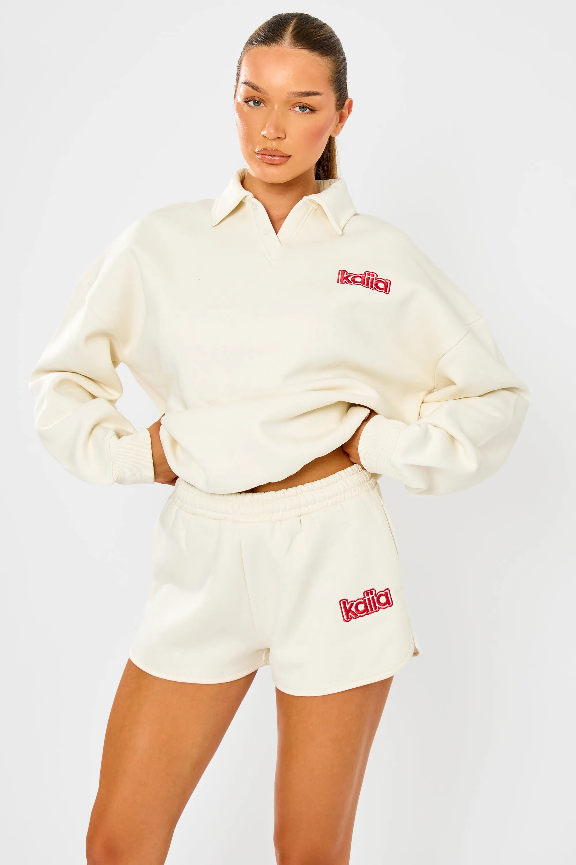 Kaiia Logo Mini Sweat Shorts Cream & Red sold by Kaiia the label product image thumbnail 5