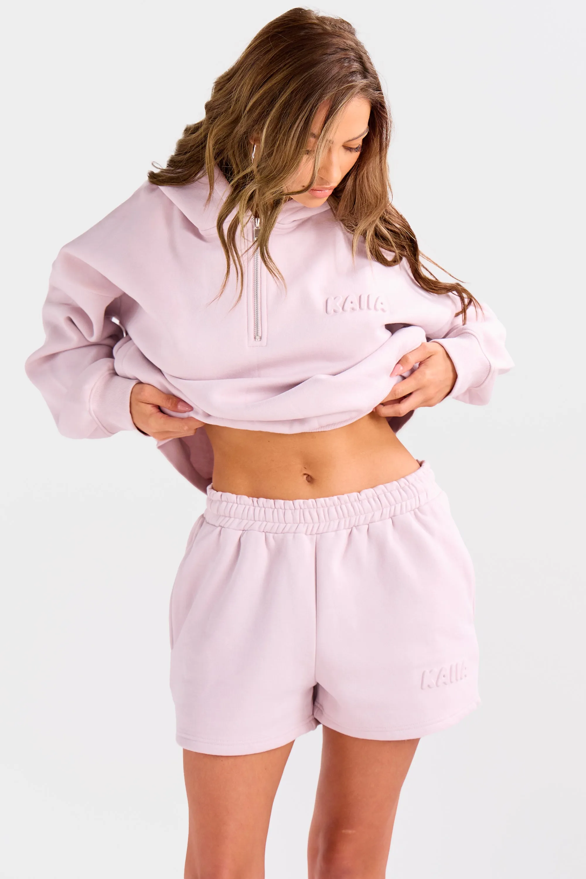 Kaiia Embossed Bubble Logo Back Pocket Mini Sweat Shorts Pale Dusty Lilac sold by Kaiia the label product image thumbnail 4