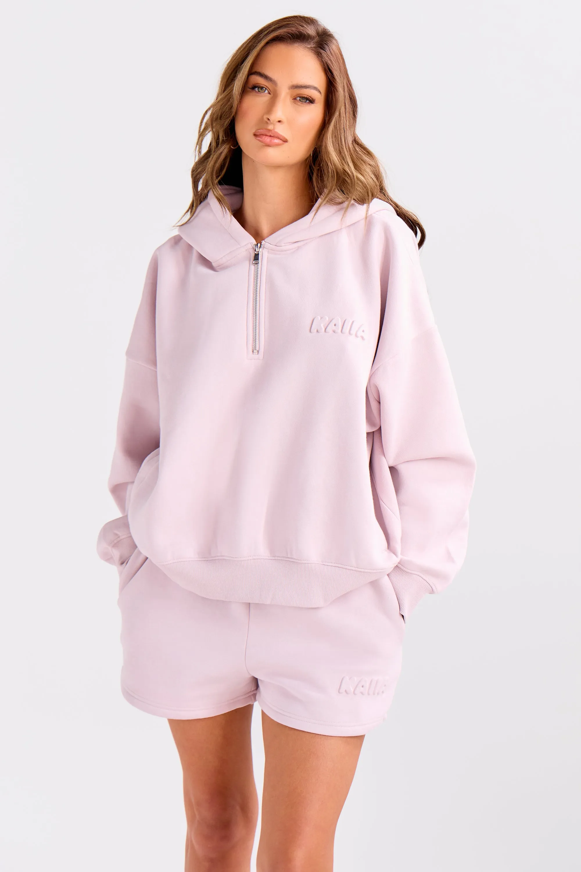 Kaiia Embossed Bubble Logo Quarter Zip Oversized Hoodie Pale Dusty Lilac sold by Kaiia the label product image thumbnail 5