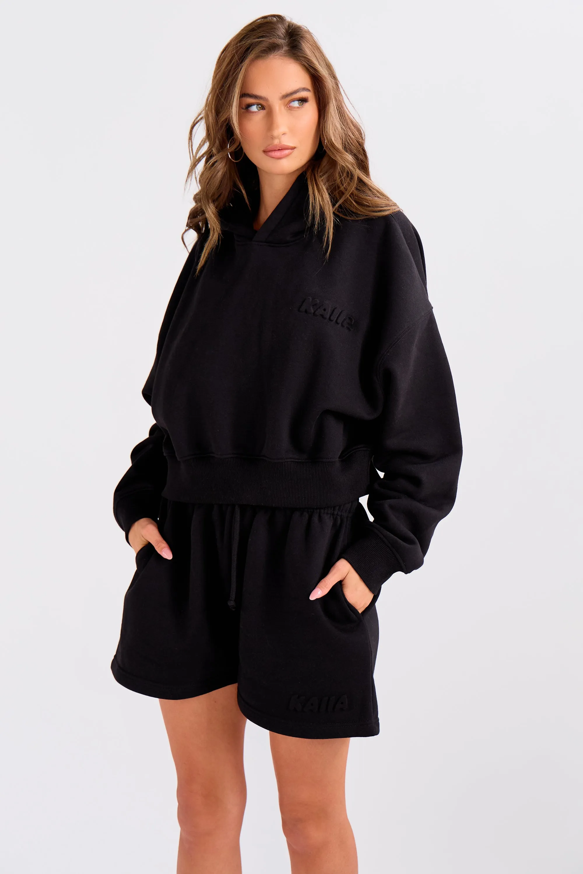 Kaiia Embossed Bubble Logo Cropped Hoodie Black sold by Kaiia the label product image thumbnail 5