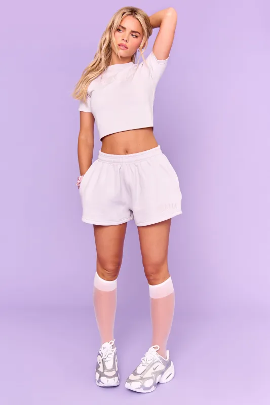Kaiia Slogan Mini Sweat Shorts Grey Lilac sold by Kaiia the label