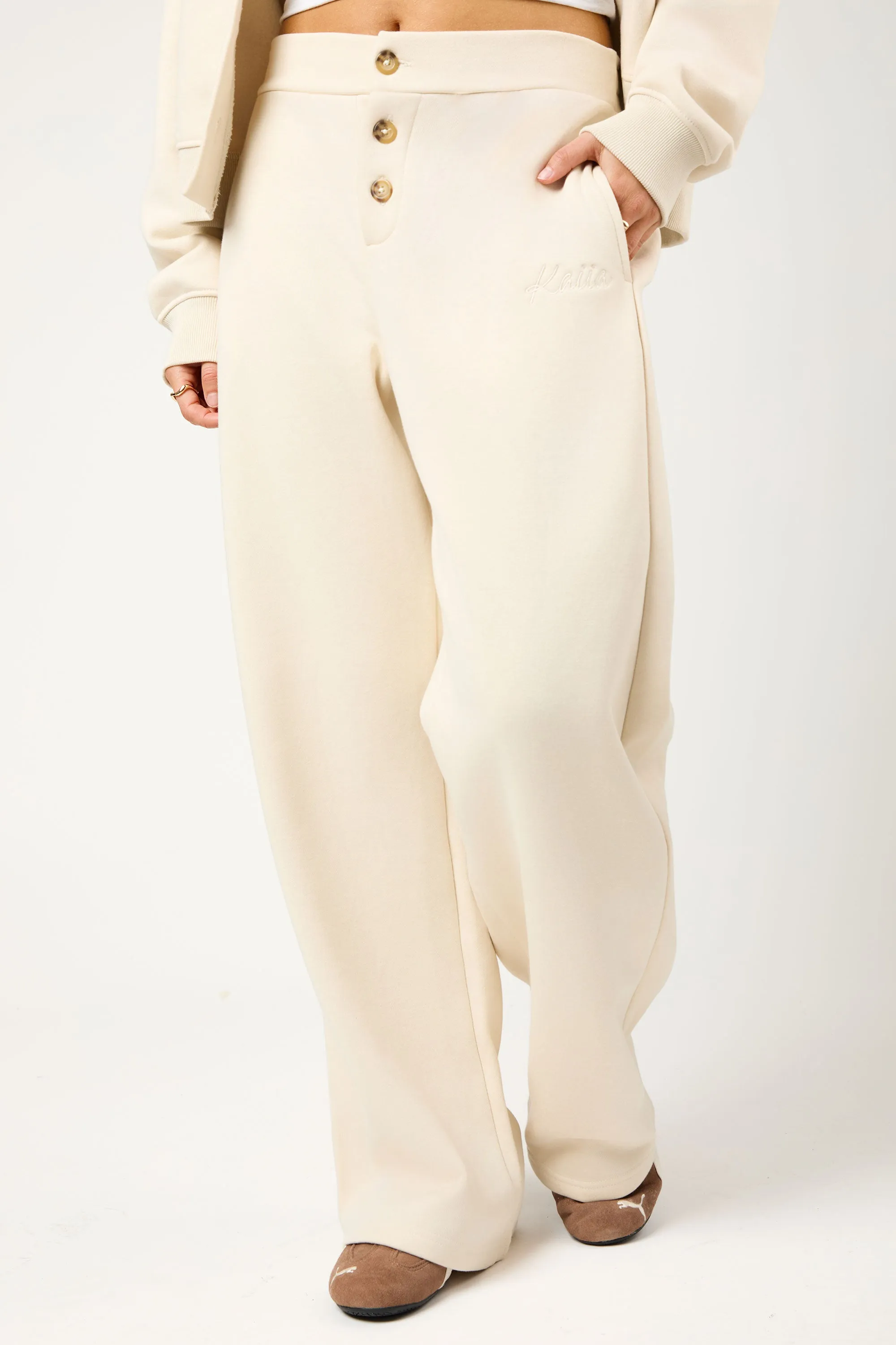 Kaiia Script Logo Button Down Detail Wide Leg Joggers Crème sold by Kaiia the label product image thumbnail 3