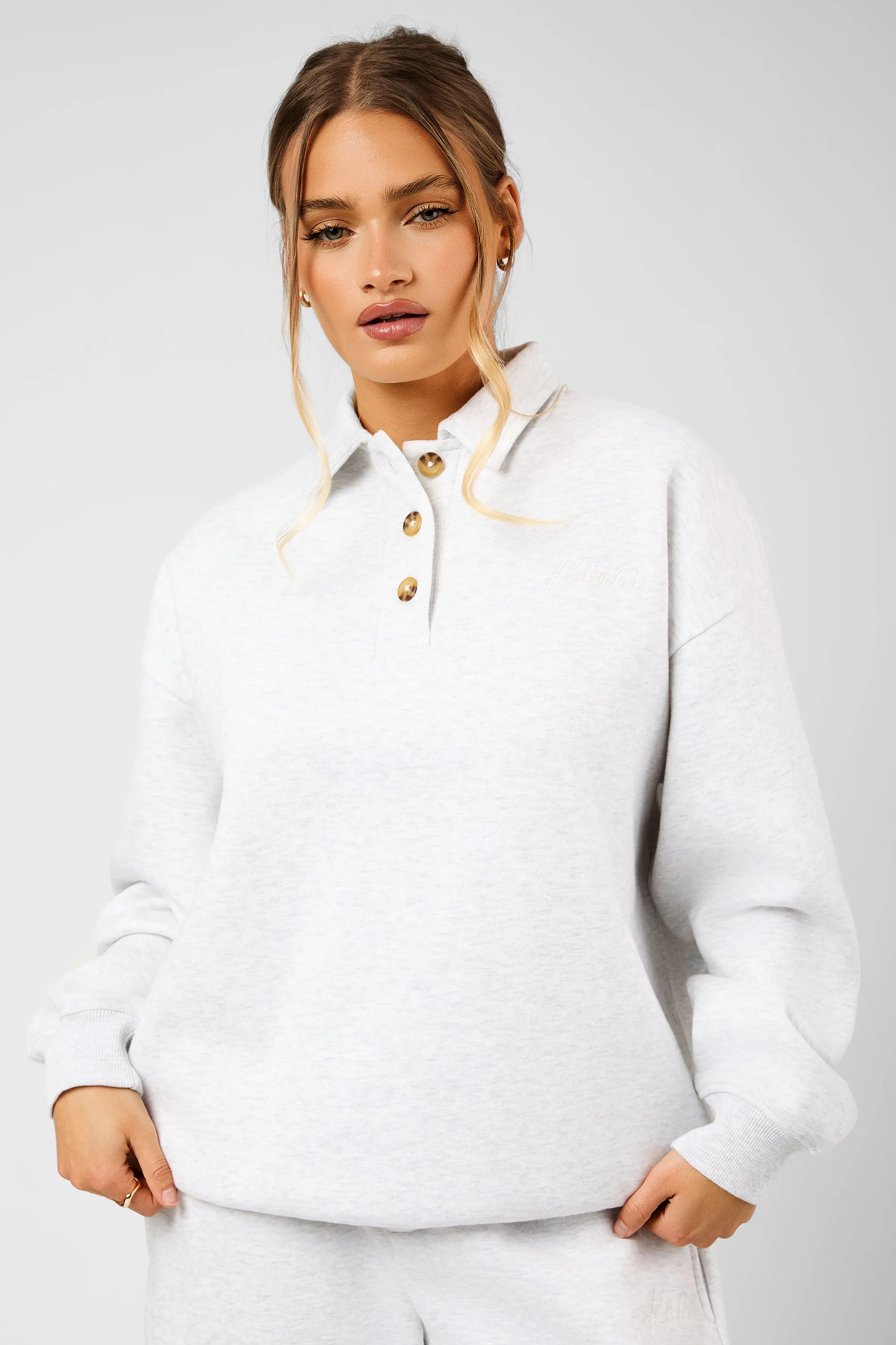 Kaiia Script Logo Button Detail Collar Sweatshirt Light Grey Marl sold by Kaiia the label product image thumbnail 5