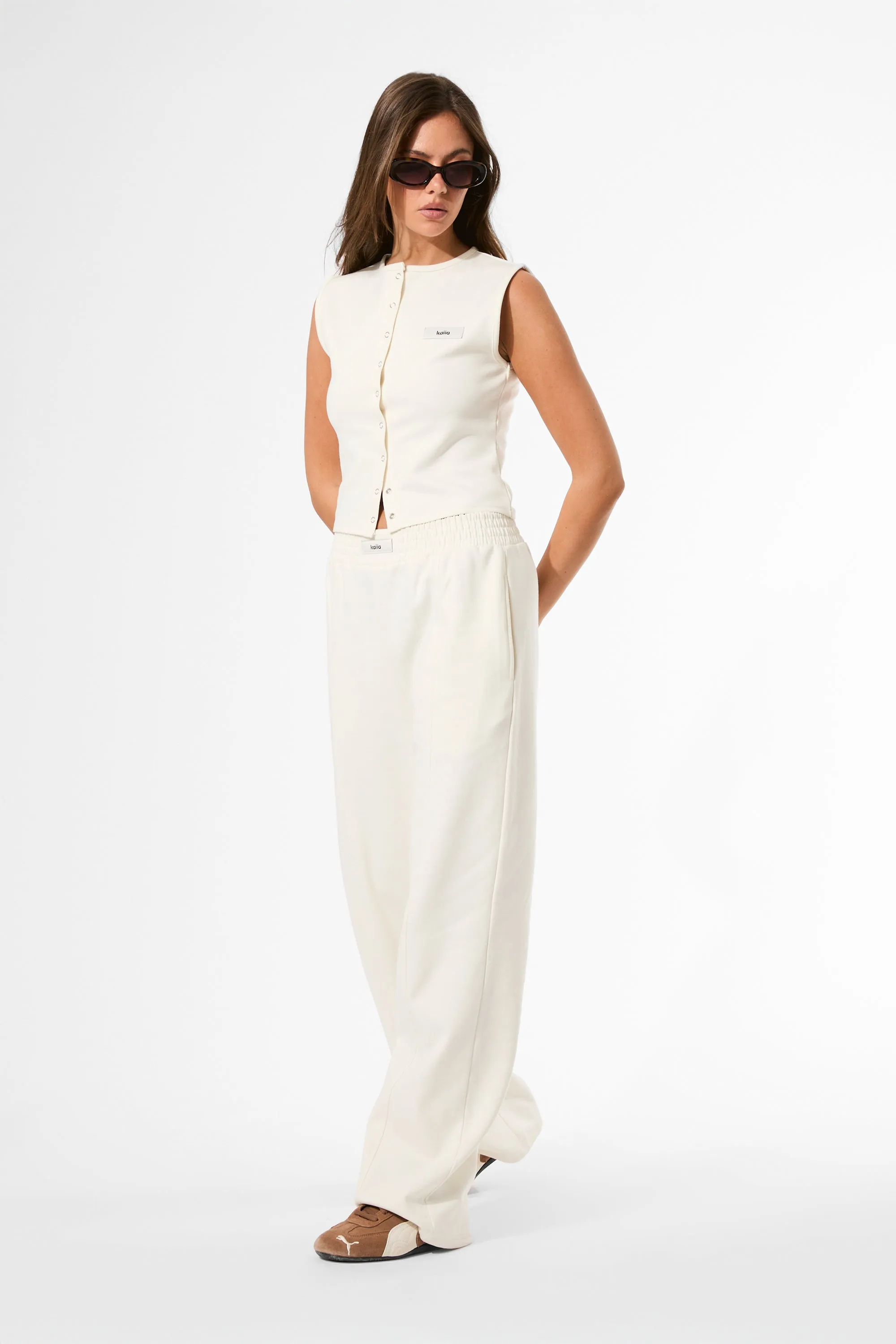 Kaiia Label Logo Premium Interlock Seam Detail Wide Leg Joggers Cream sold by Kaiia the label product image thumbnail 3