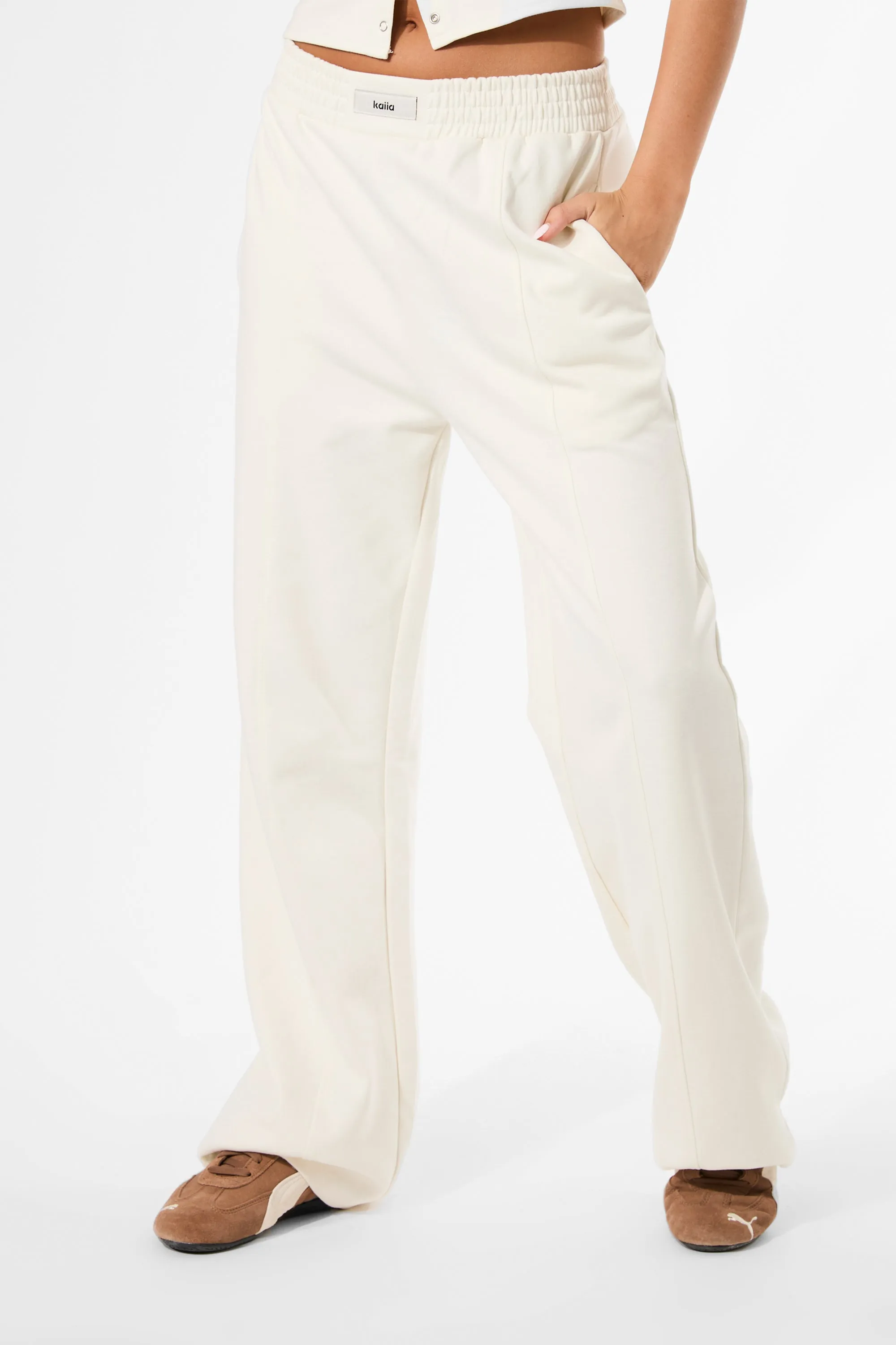 Kaiia Label Logo Premium Interlock Seam Detail Wide Leg Joggers Cream sold by Kaiia the label product image thumbnail 2