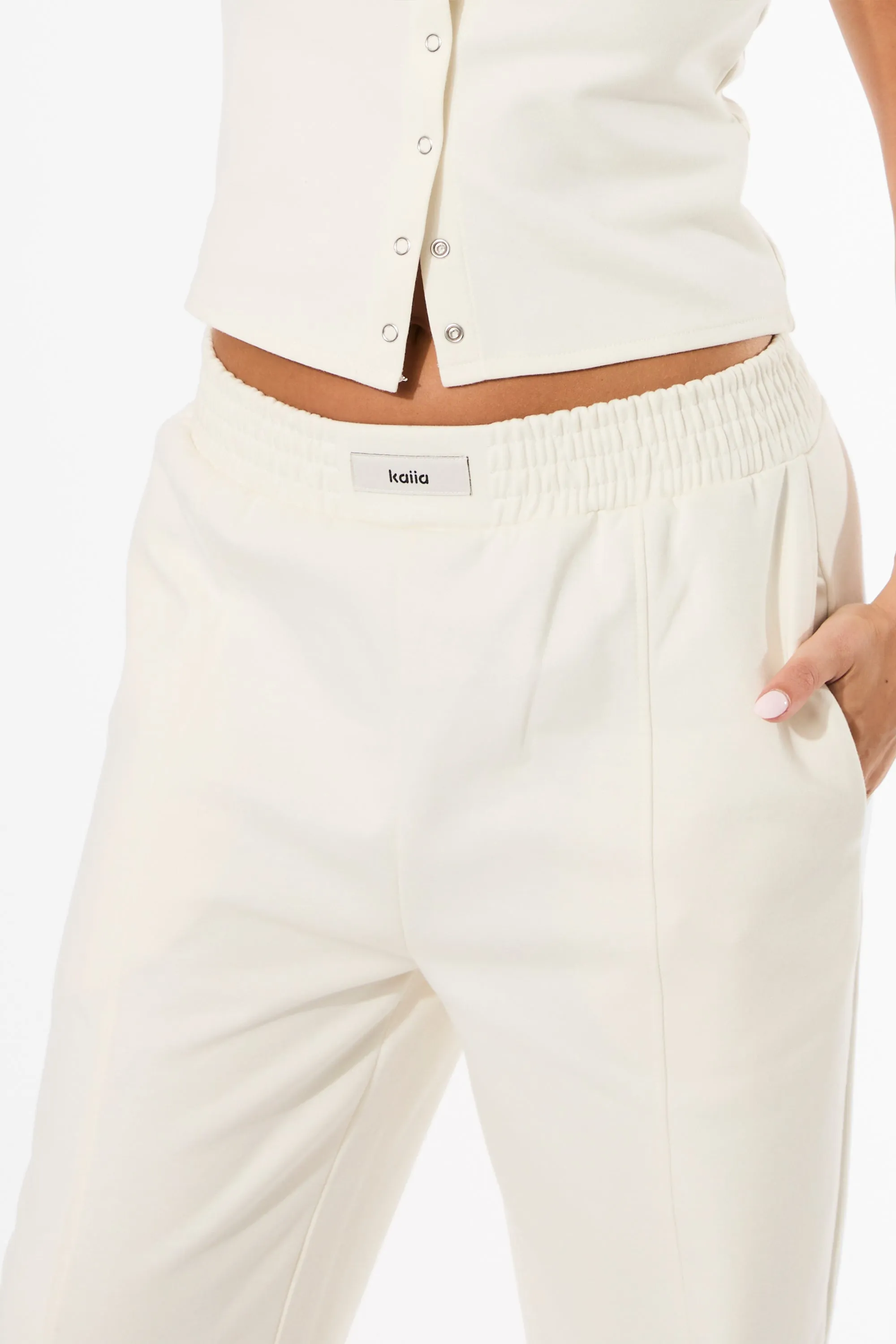 Kaiia Label Logo Premium Interlock Seam Detail Wide Leg Joggers Cream sold by Kaiia the label product image thumbnail 4