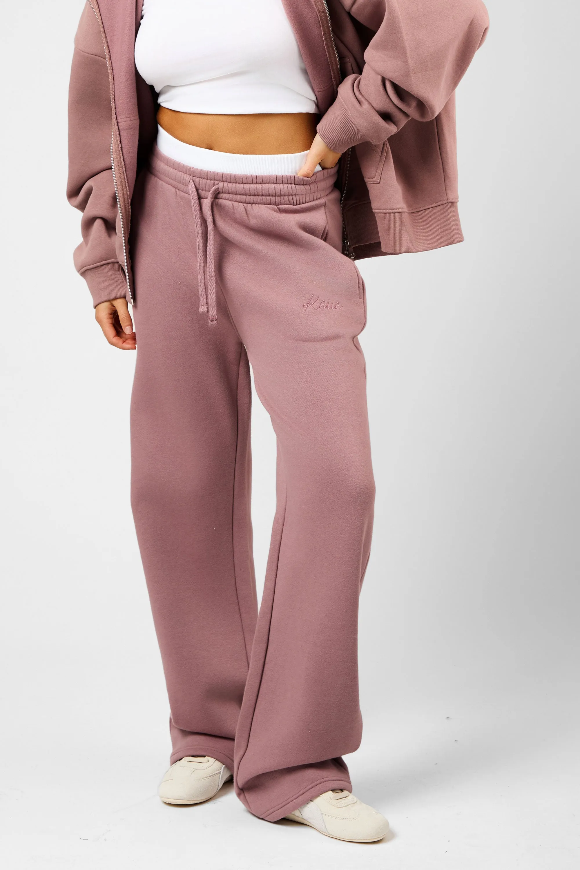 Kaiia Script Logo Exposed Waistband Wide Leg Joggers Rosewood sold by Kaiia the label product image thumbnail 5