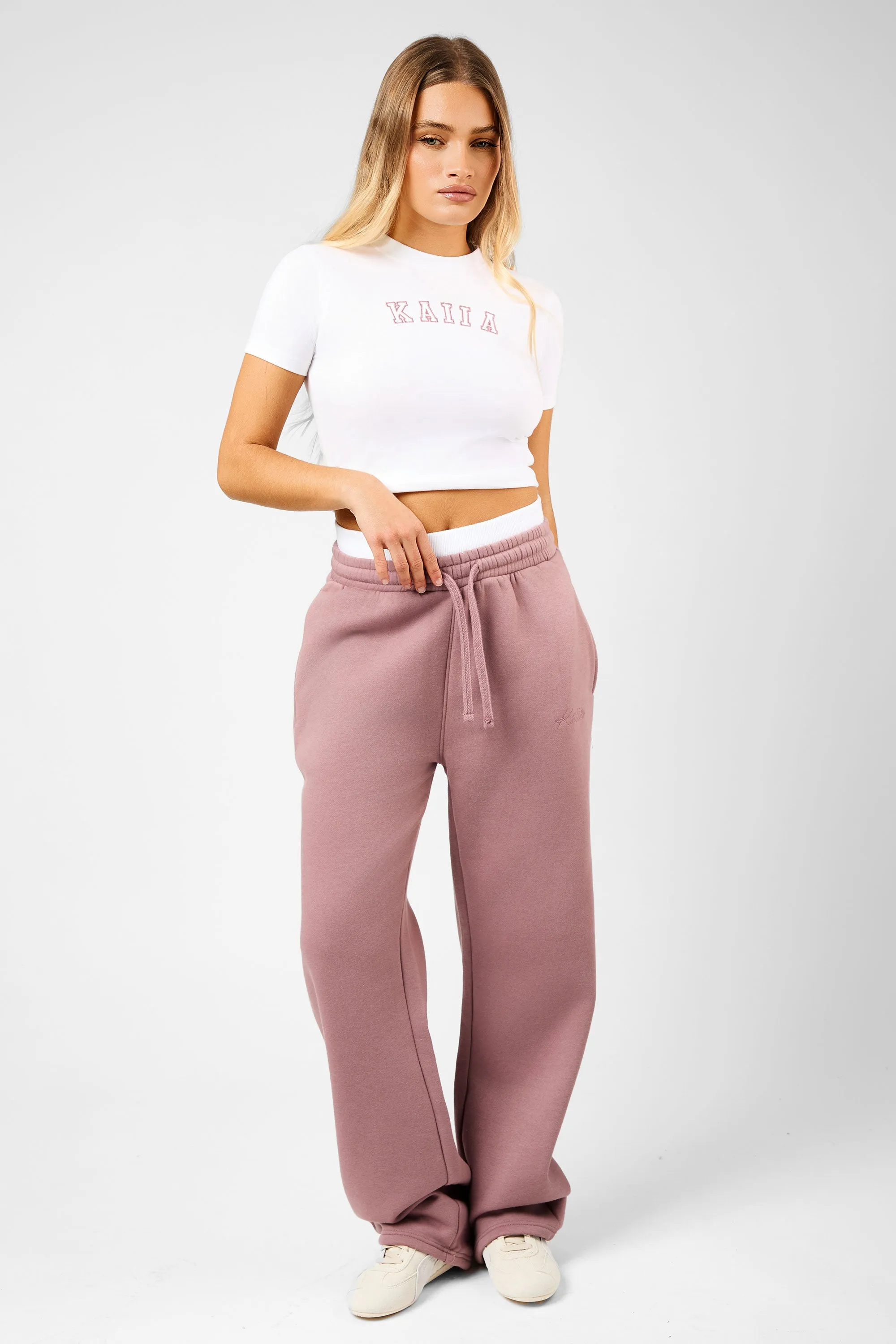 Kaiia Script Logo Exposed Waistband Wide Leg Joggers Rosewood sold by Kaiia the label