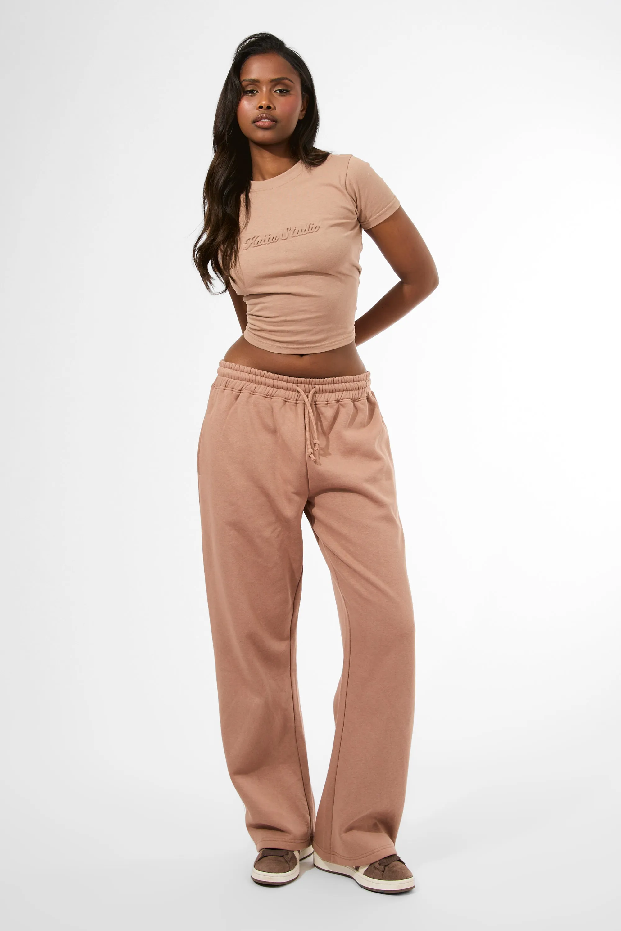 Kaiia Studio Embossed Script Logo Wide Leg Joggers Milk Chocolate sold by Kaiia the label