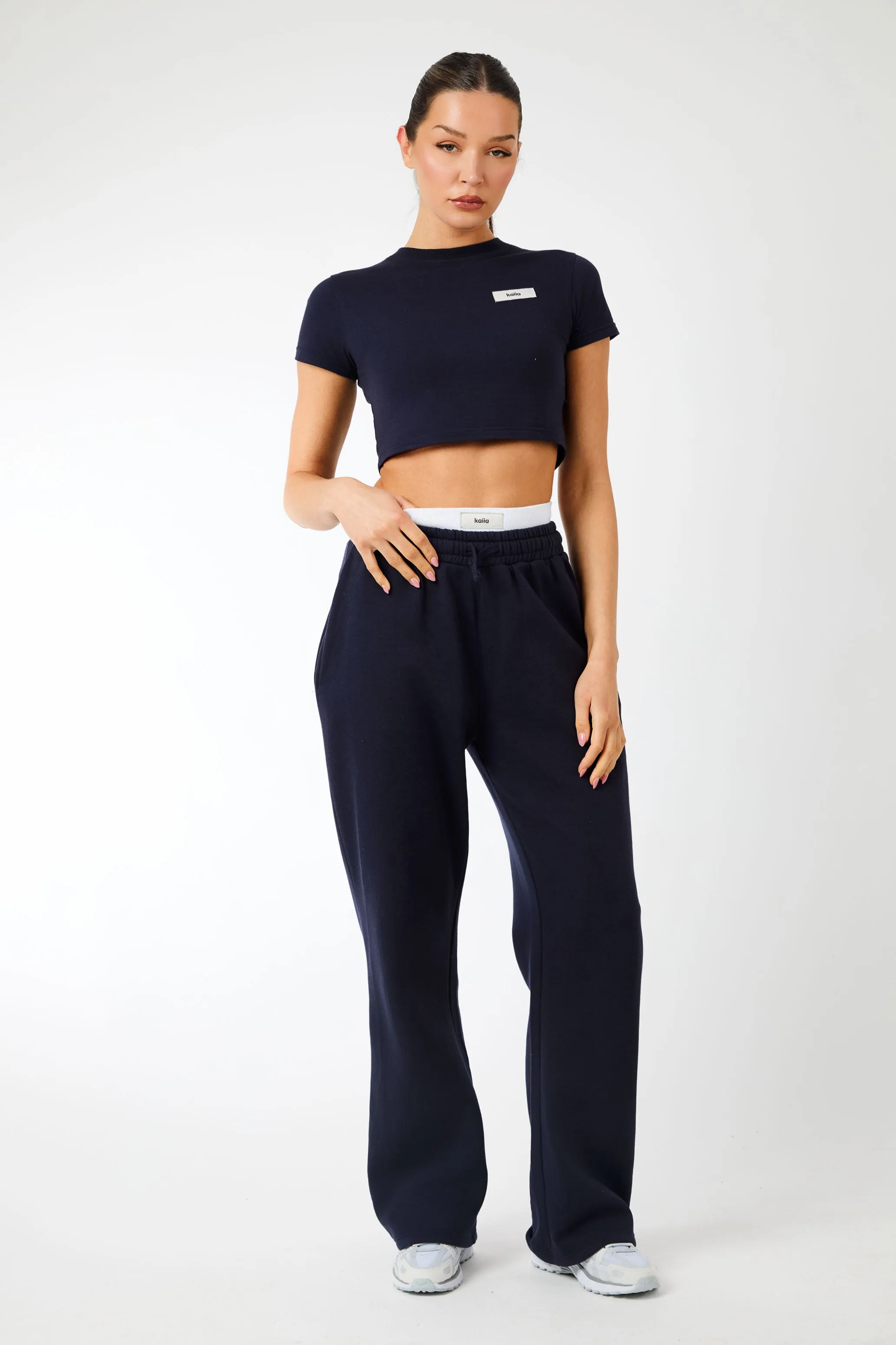 Kaiia Label Logo Exposed Waistband Wide Leg Joggers Navy sold by Kaiia the label