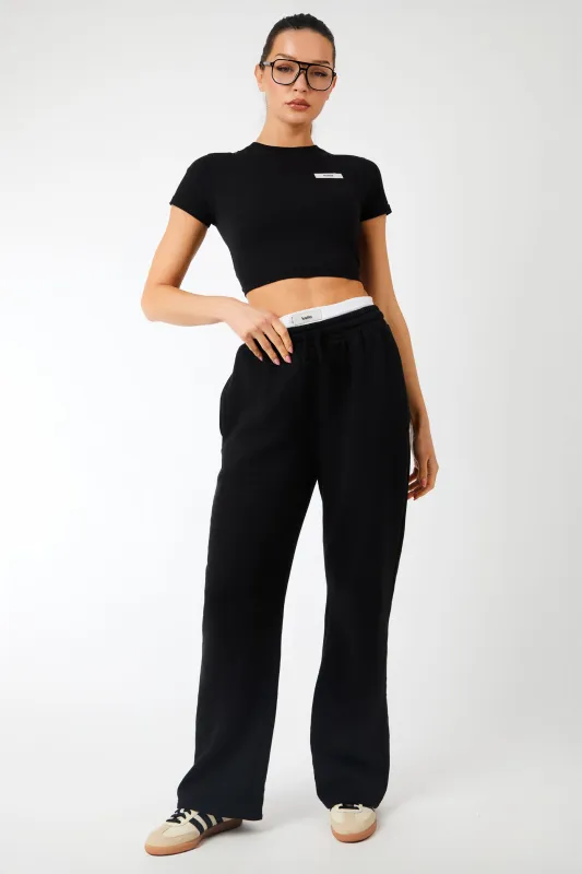 Kaiia Label Logo Exposed Waistband Wide Leg Joggers Black made by Kaiia the label