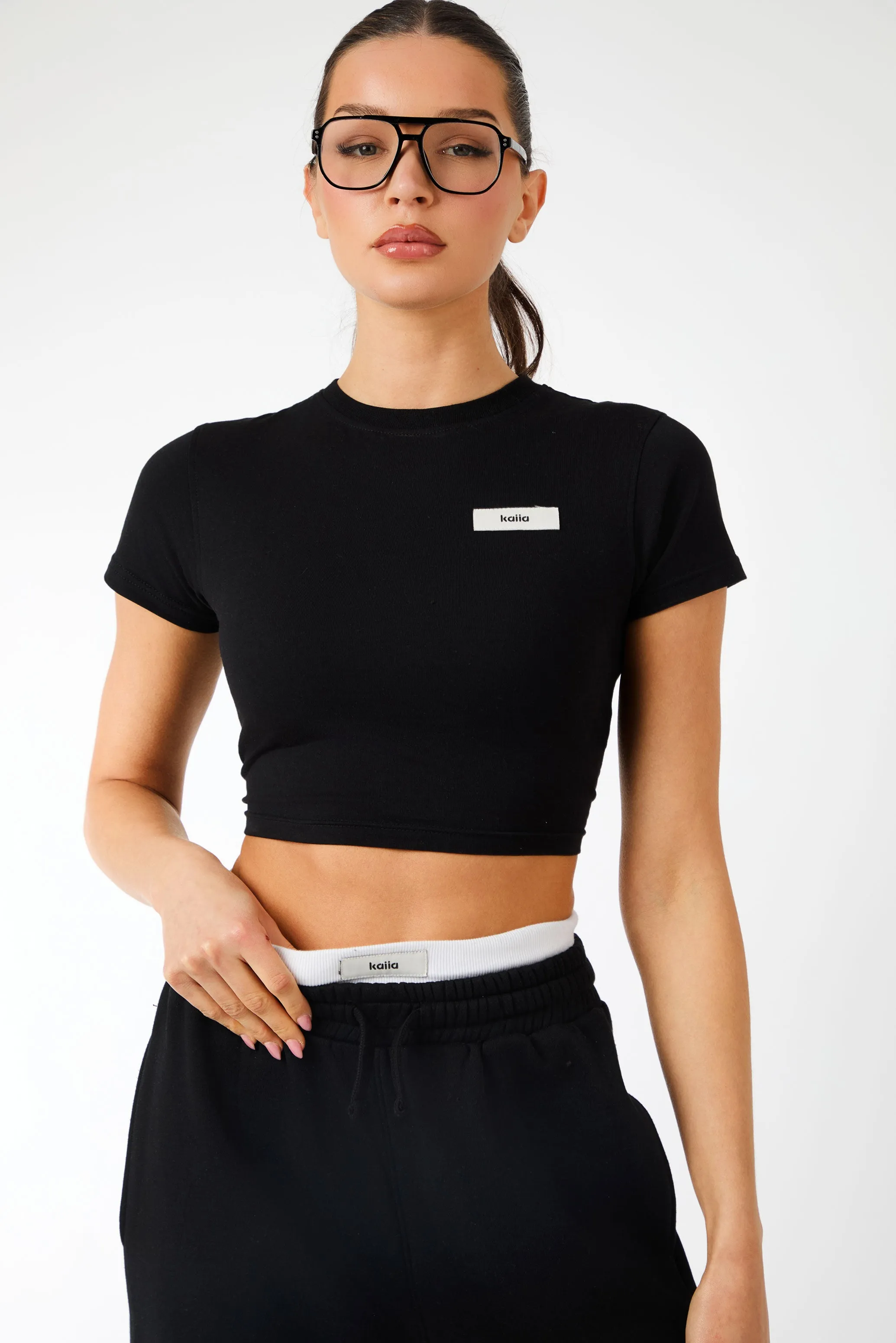 Kaiia Label Logo Exposed Waistband Wide Leg Joggers Black sold by Kaiia the label product image thumbnail 2