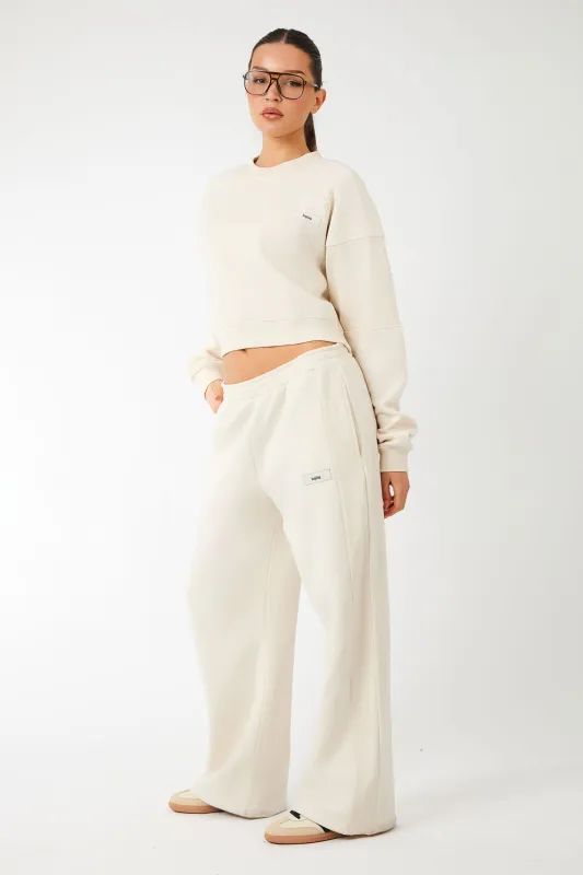 Kaiia Label Logo Rib Panel Wide Leg Joggers Cream made by Kaiia the label