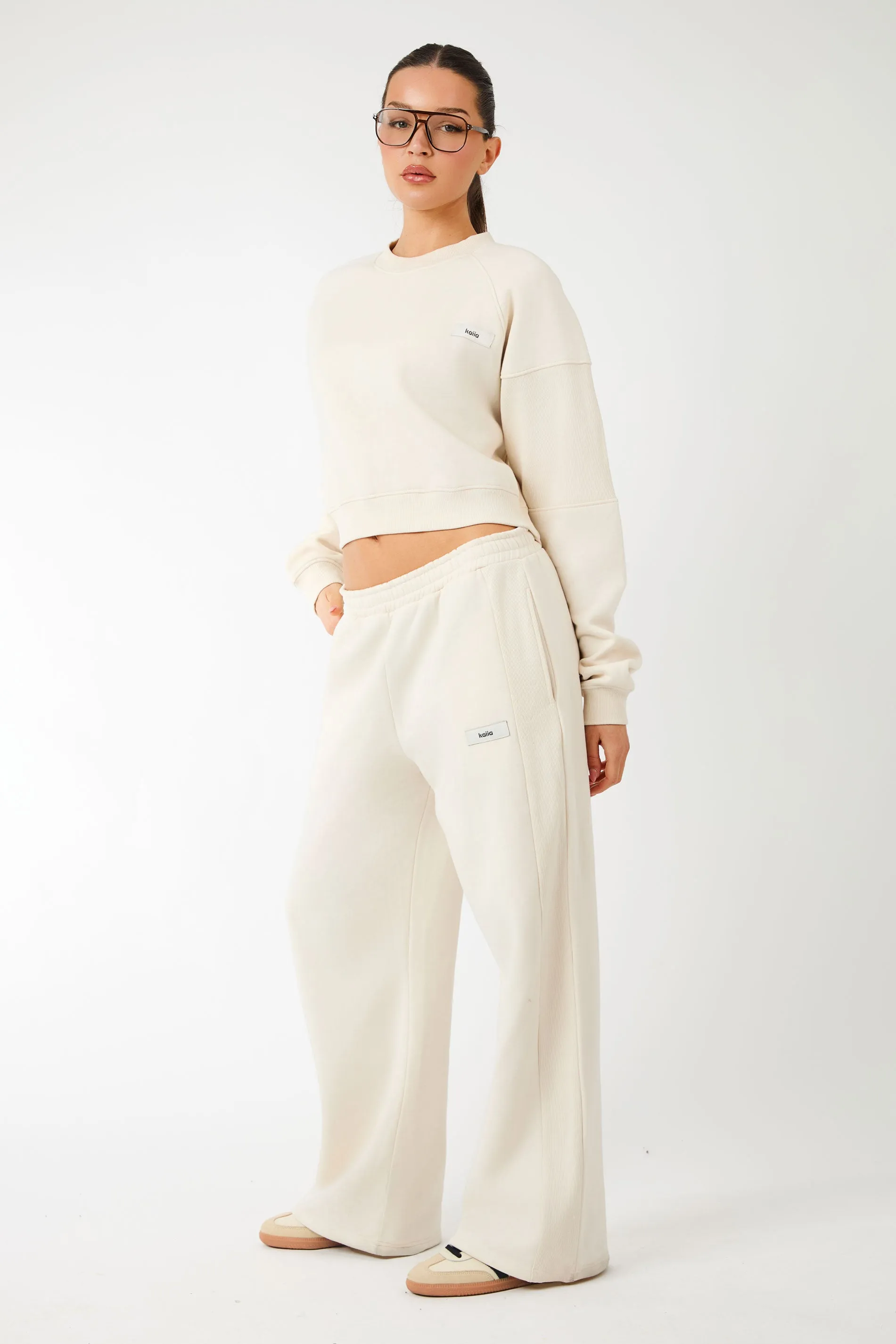 Kaiia Label Logo Rib Panel Wide Leg Joggers Cream sold by Kaiia the label
