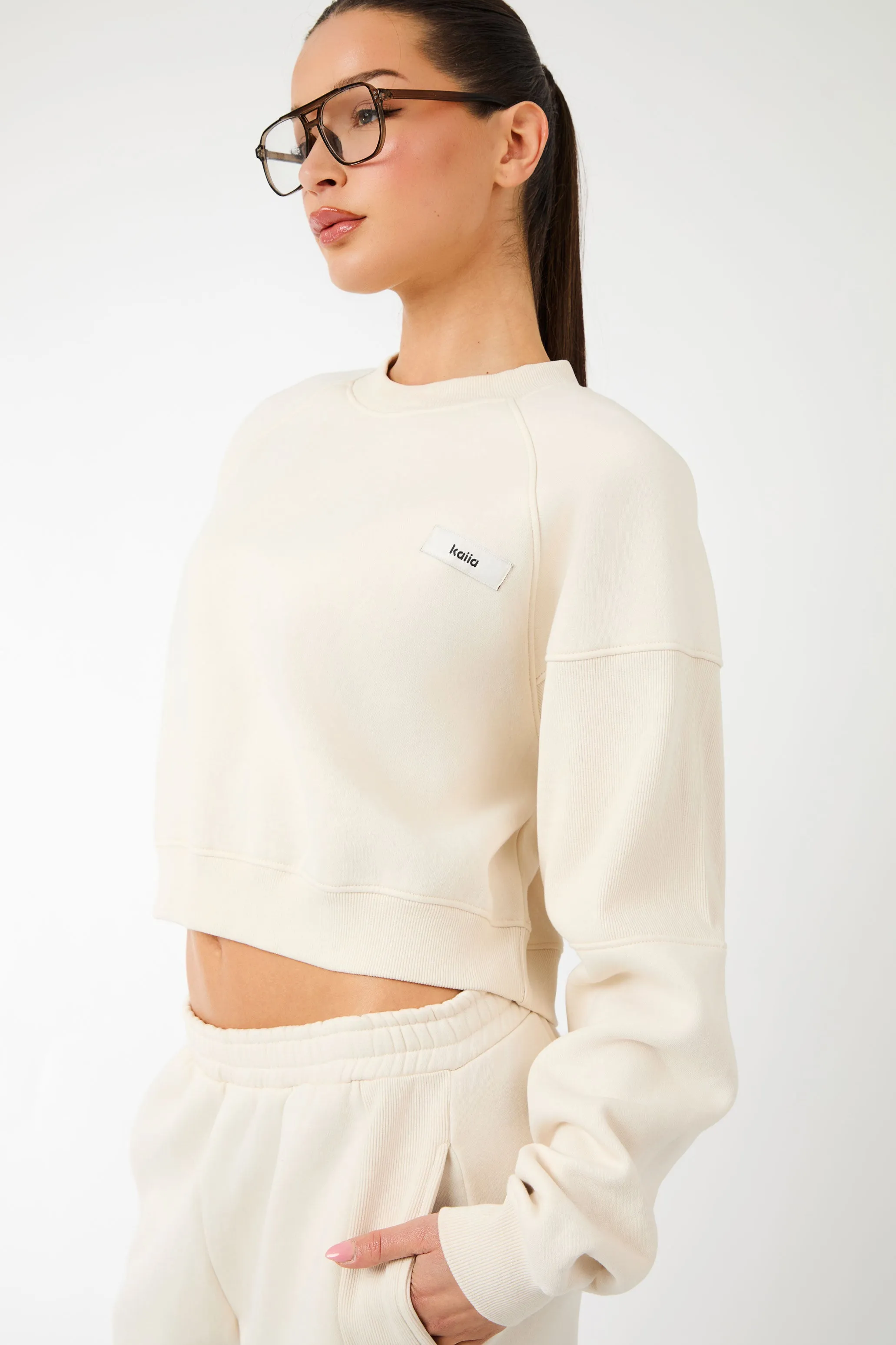 Kaiia Label Logo Rib Panel Cropped Oversized Sweatshirt Cream sold by Kaiia the label product image thumbnail 4