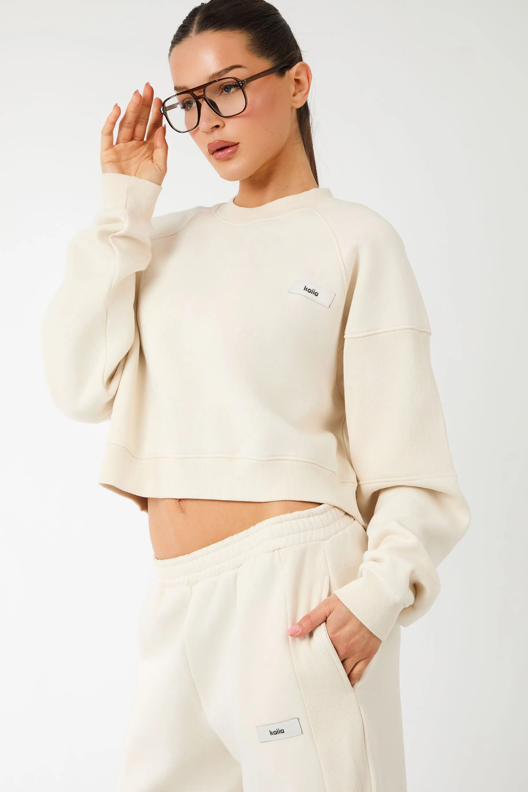 Kaiia Label Logo Rib Panel Cropped Oversized Sweatshirt Cream sold by Kaiia the label product image thumbnail 2