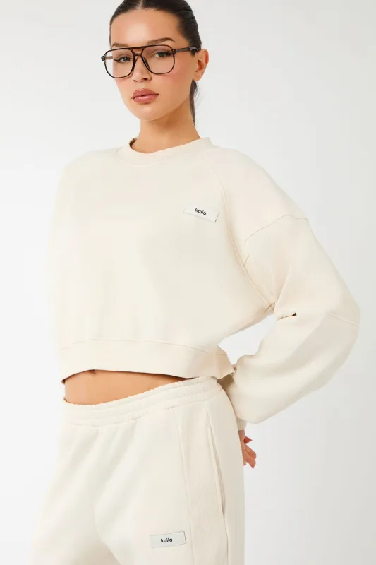 Kaiia Label Logo Rib Panel Cropped Oversized Sweatshirt Cream made by Kaiia the label