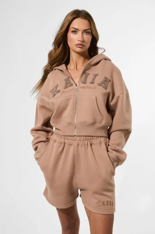 Kaiia Slogan Zip Through Cropped Hoodie Latte made by Kaiia the label